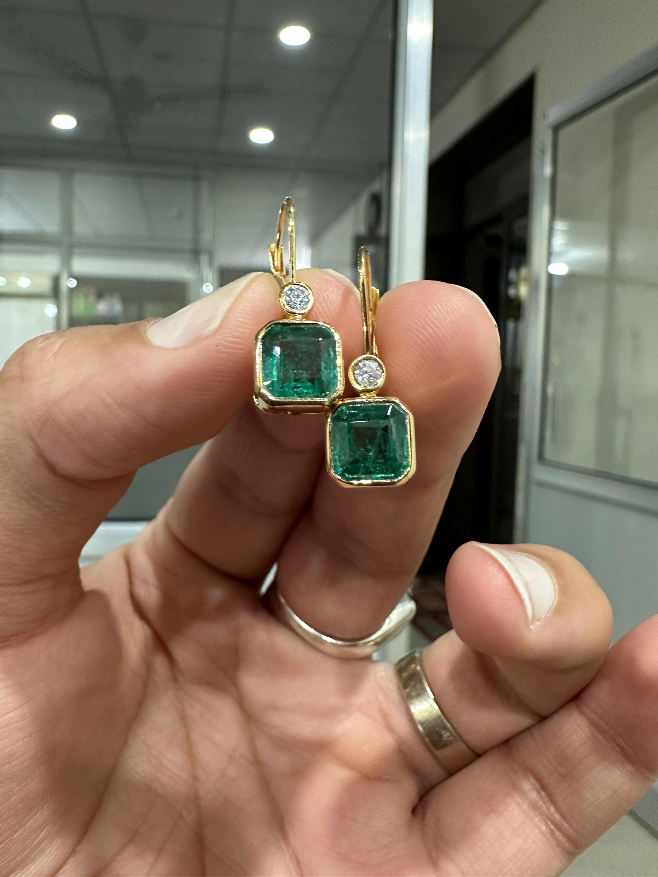 14K Gold Emerald Diamond Lever Back Earrings, Rare Gemstone Earrings