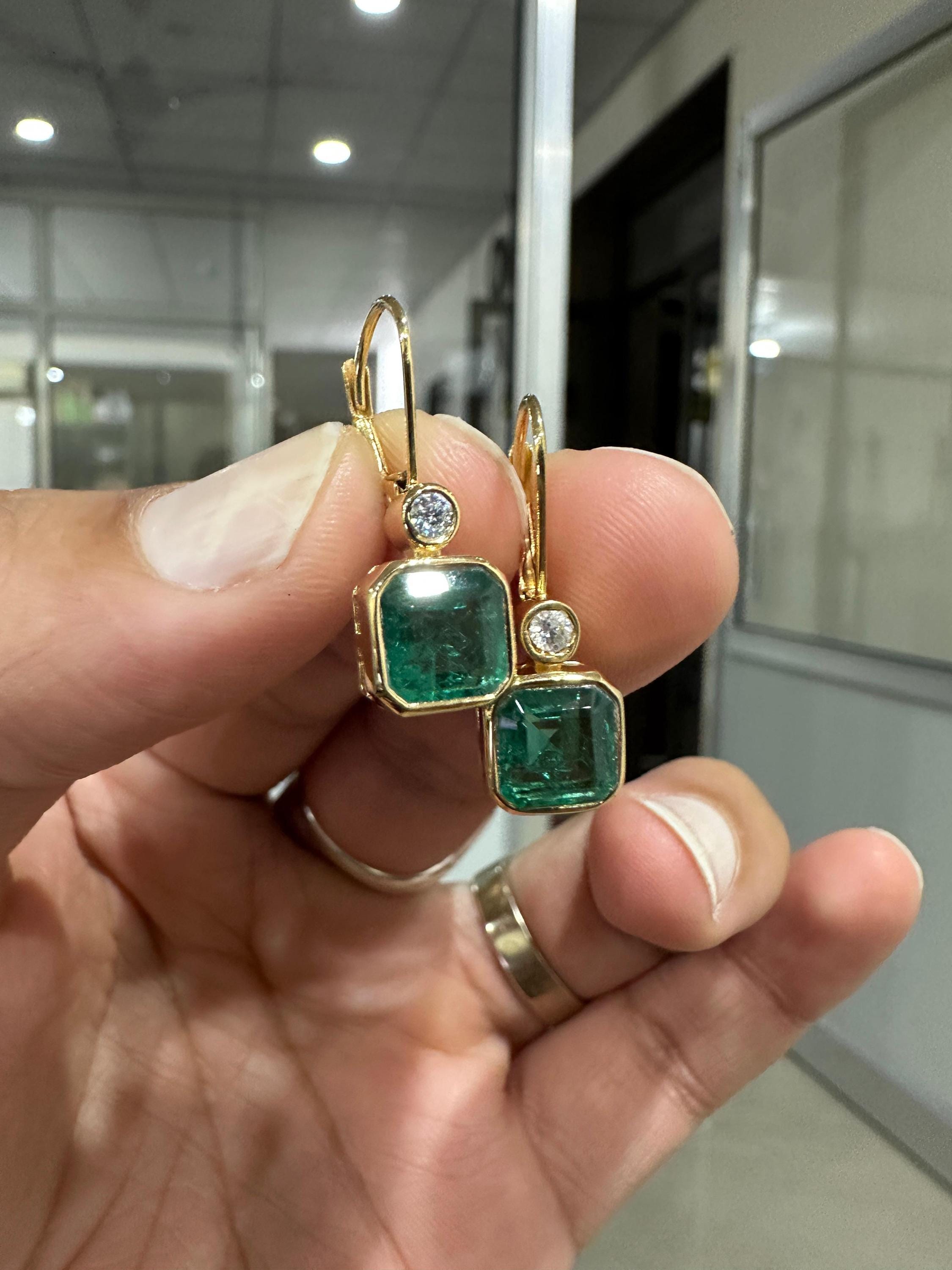 14K Gold Emerald Diamond Lever Back Earrings, Rare Gemstone Earrings