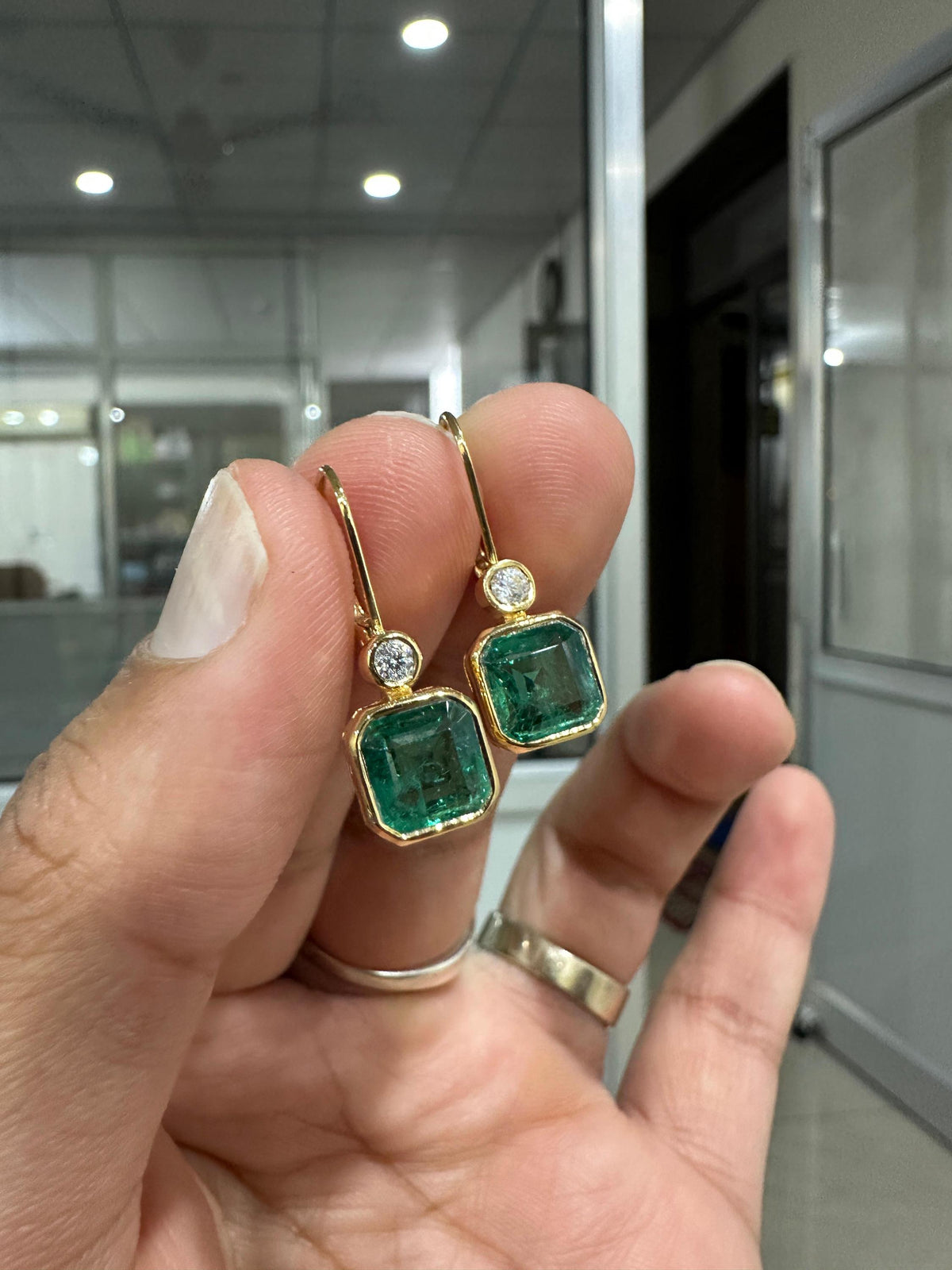 14K Gold Lab Emerald Diamond Earrings, Bezel Set Asscher Cut Lever Back Earrings