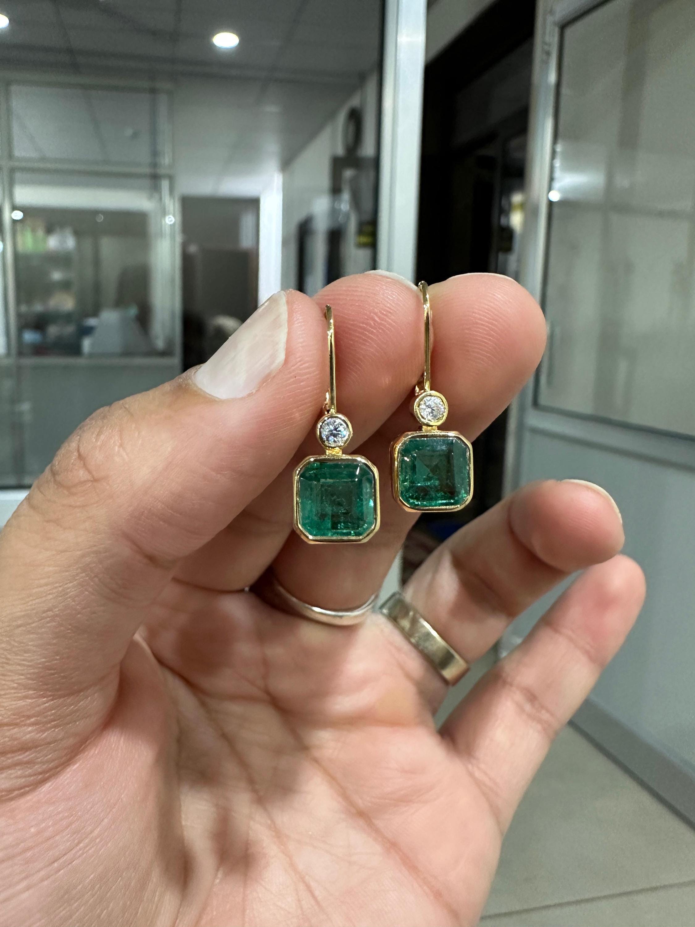 14K Gold Emerald Diamond Lever Back Earrings, Rare Gemstone Earrings