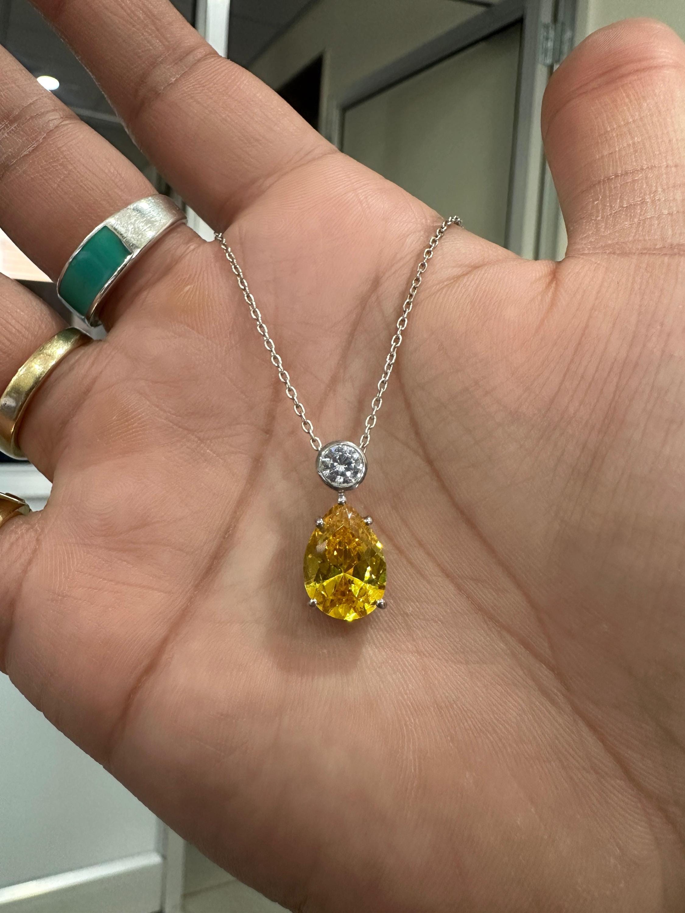 6CT Lab Yellow Diamond Pear Drop Pendant | Moissanite Accent, Platinum Finish