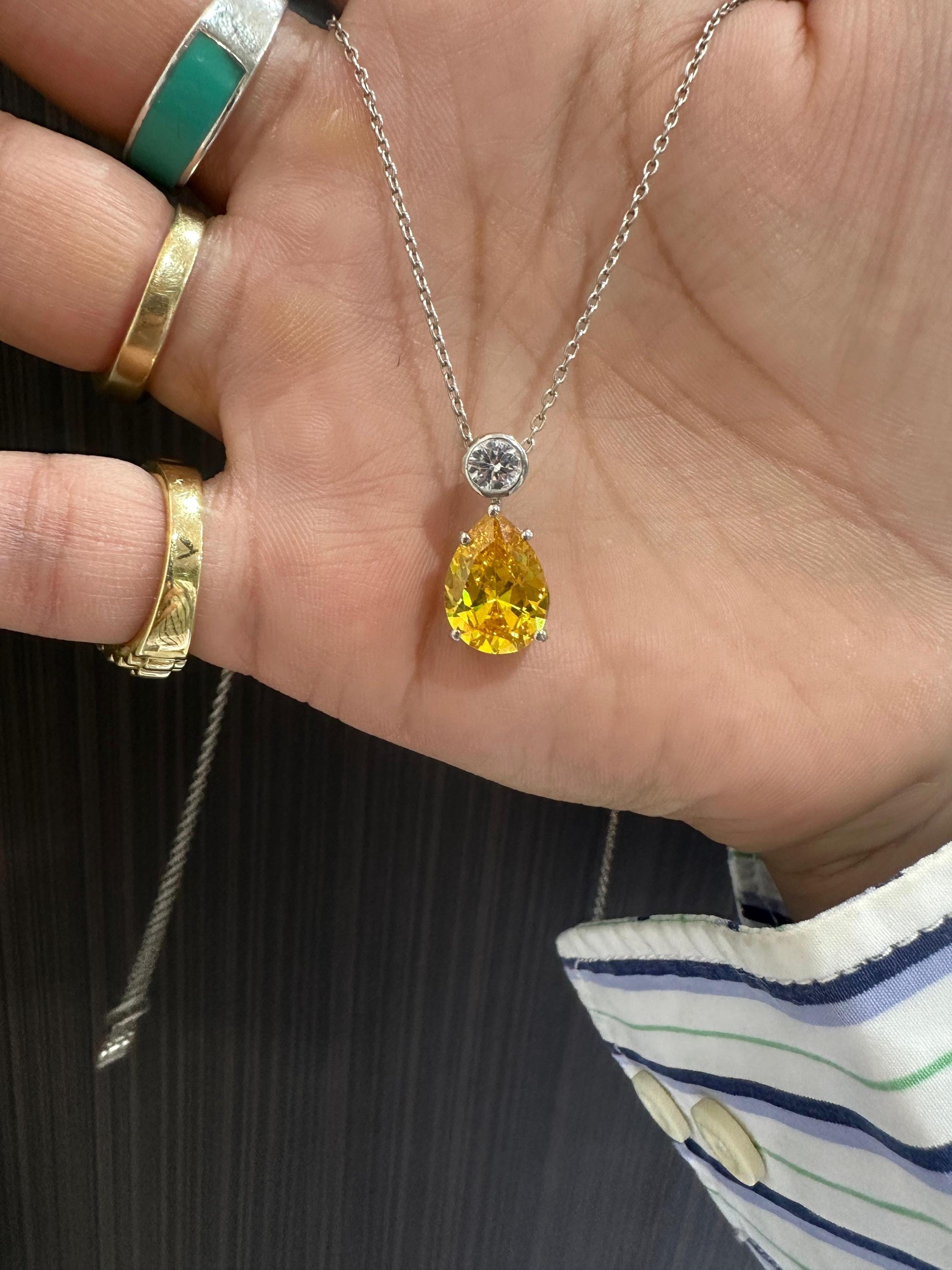 6CT Lab Yellow Diamond Pear Drop Pendant | Moissanite Accent, Platinum Finish