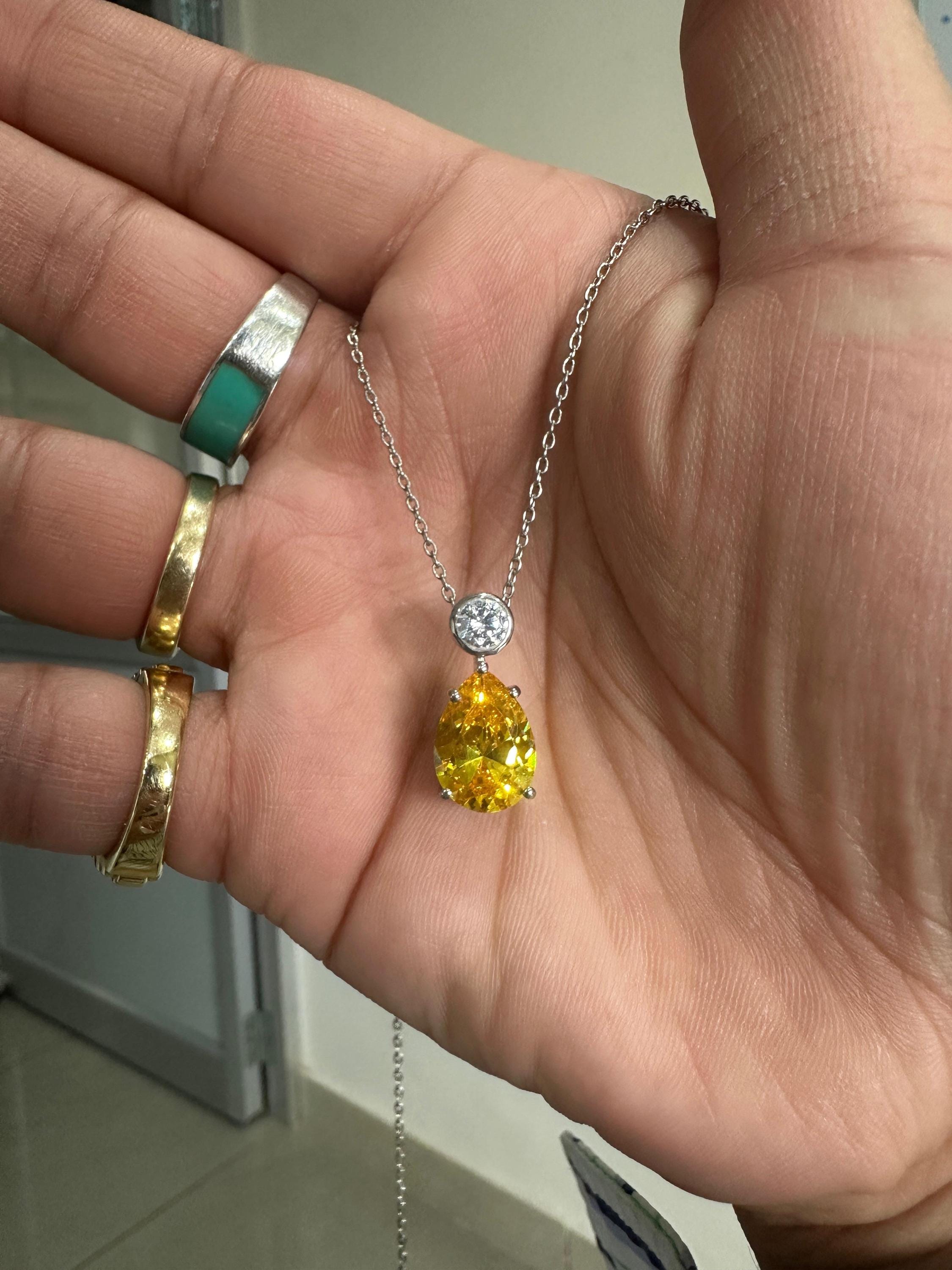 6CT Lab Yellow Diamond Pear Drop Pendant | Moissanite Accent, Platinum Finish