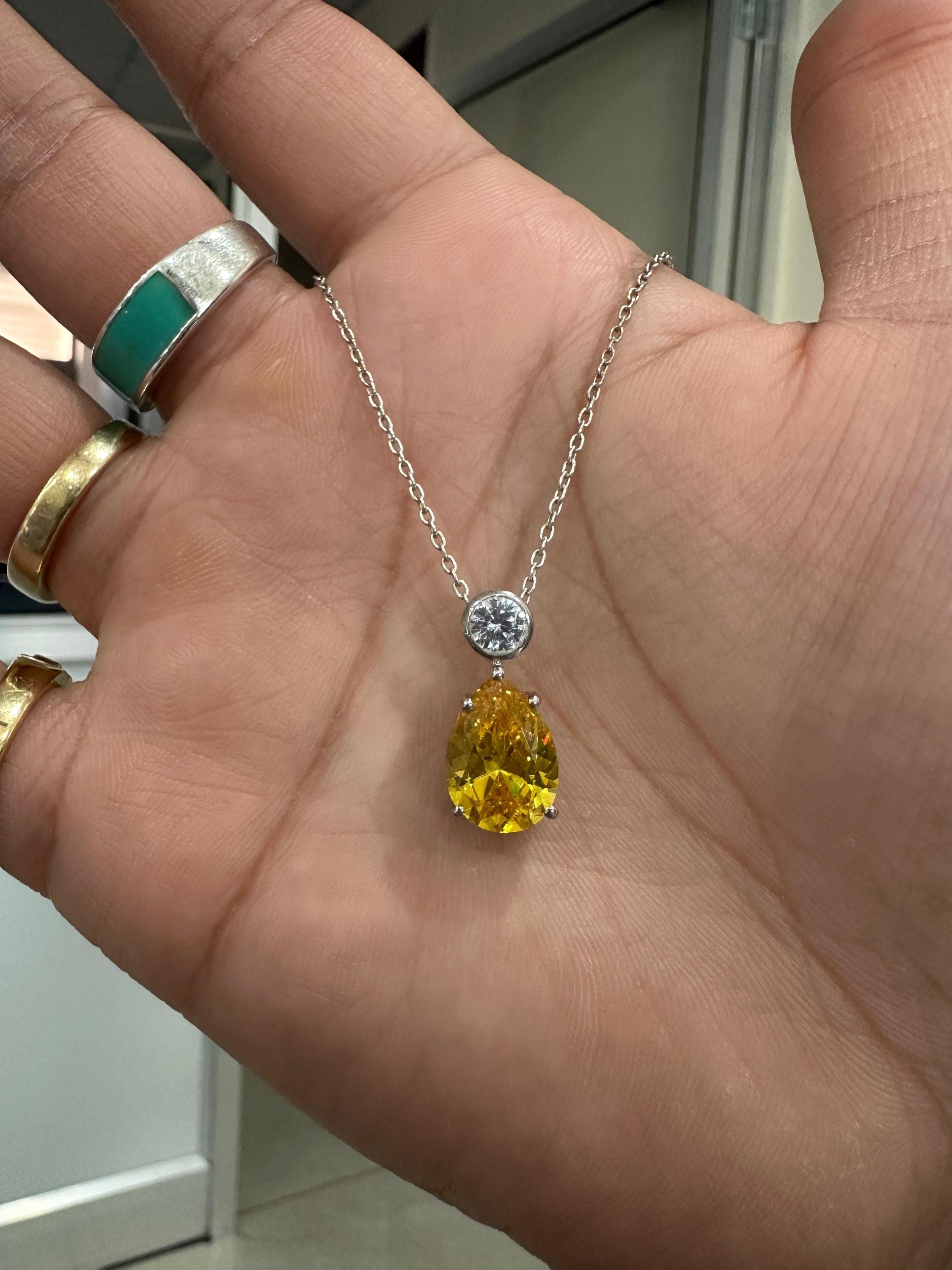 6CT Lab Yellow Diamond Pear Drop Pendant | Moissanite Accent, Platinum Finish