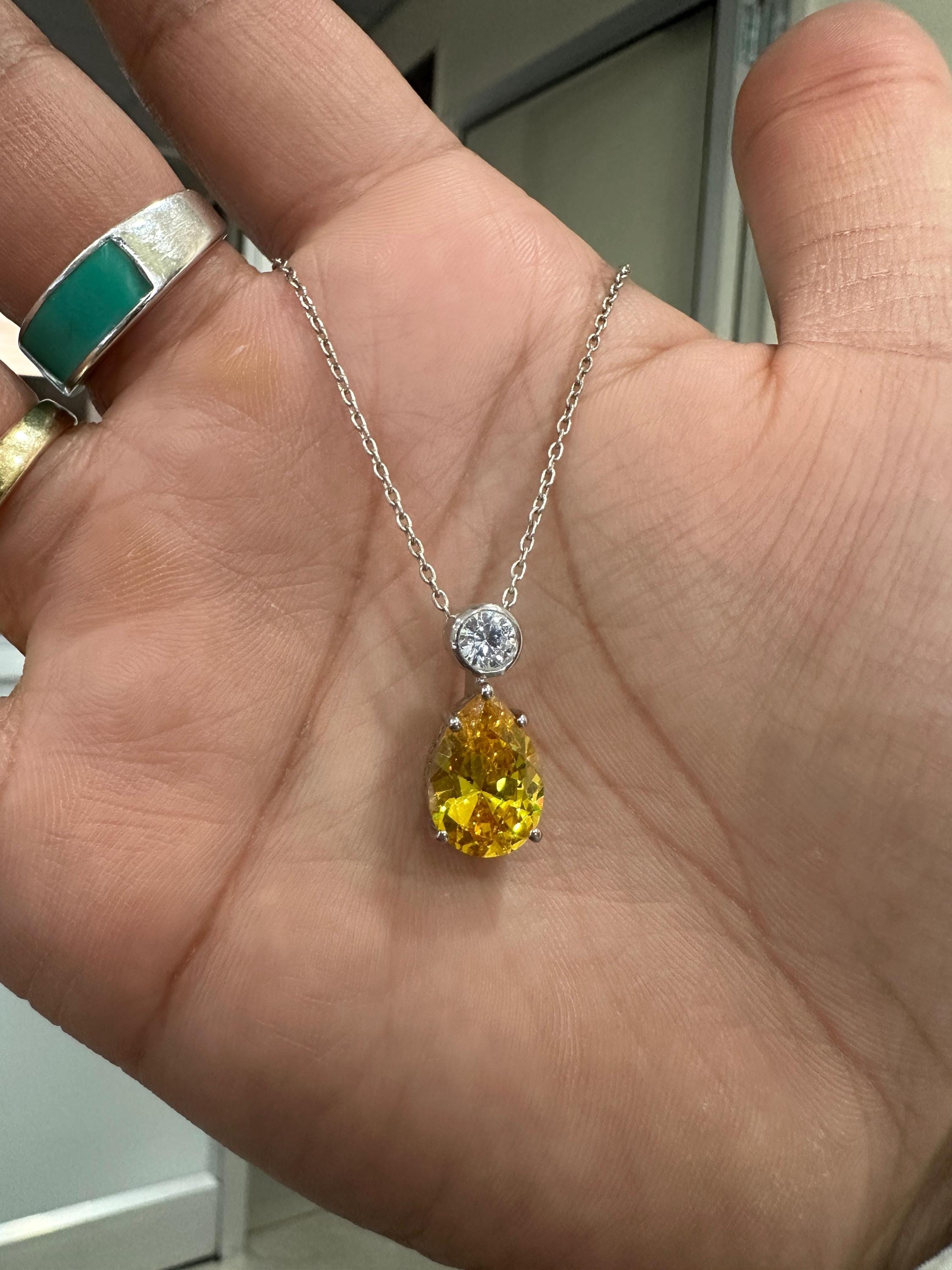 6CT Lab Yellow Diamond Pear Drop Pendant | Moissanite Accent, Platinum Finish