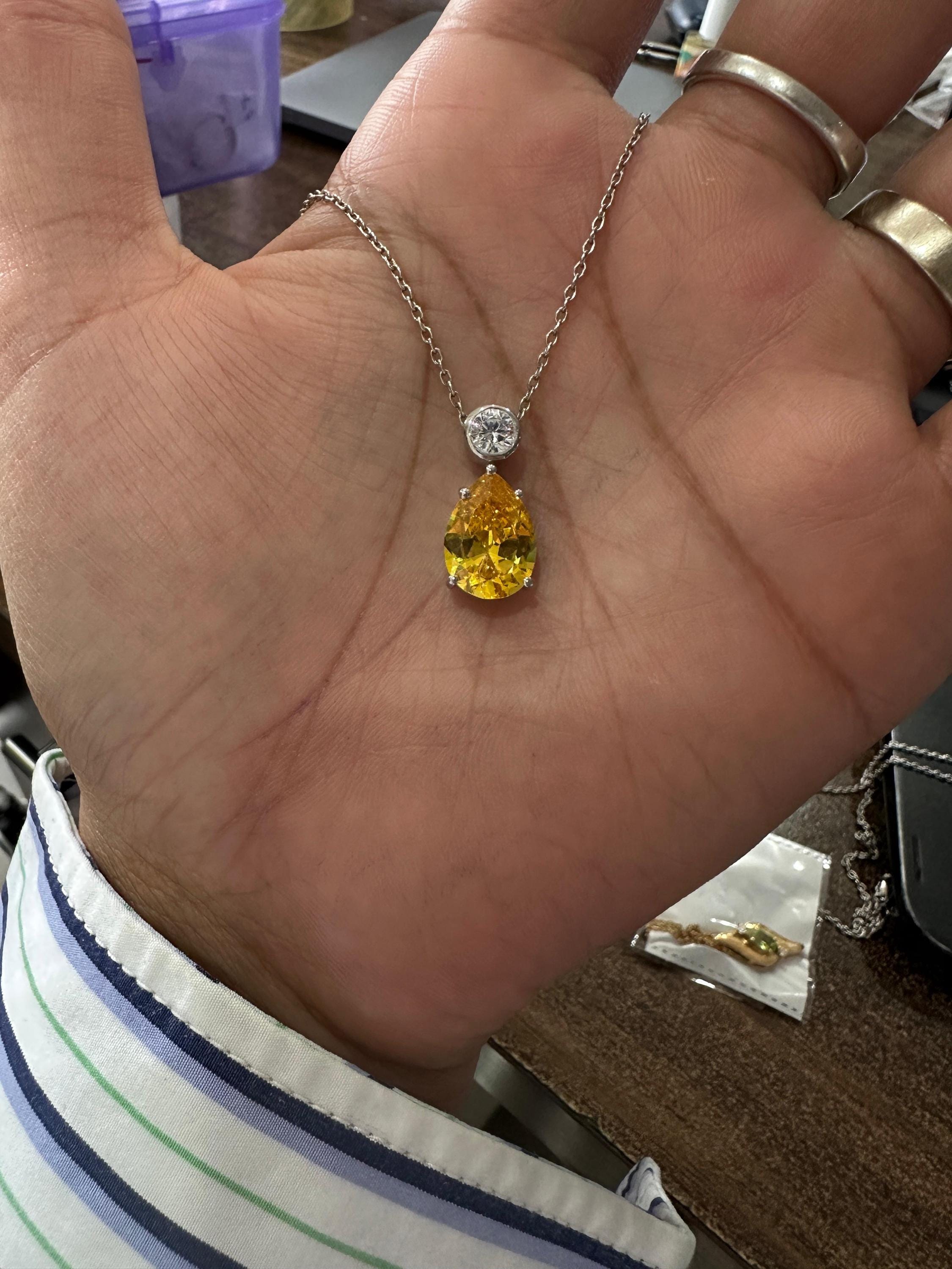 6CT Lab Yellow Diamond Pear Drop Pendant | Moissanite Accent, Platinum Finish