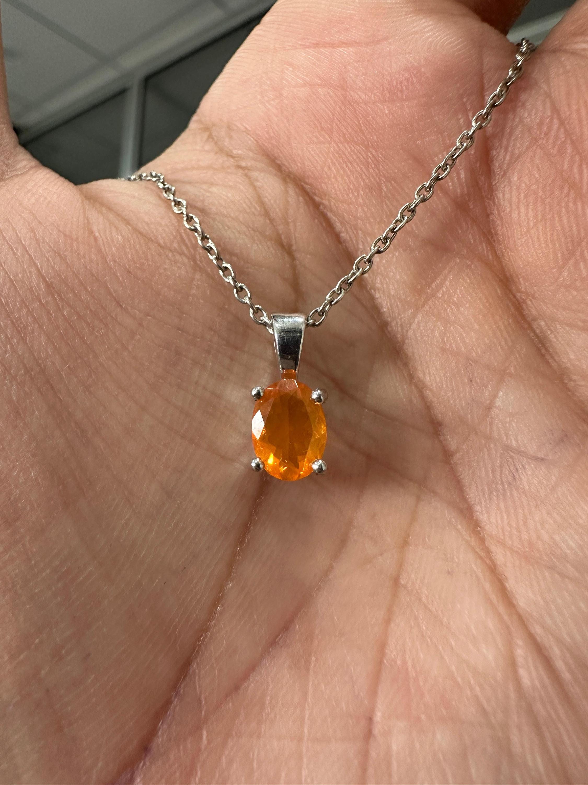 1CT Mexican Fire Opal Pendant | 925 Silver Minimal Necklace | Jewelry for Gift