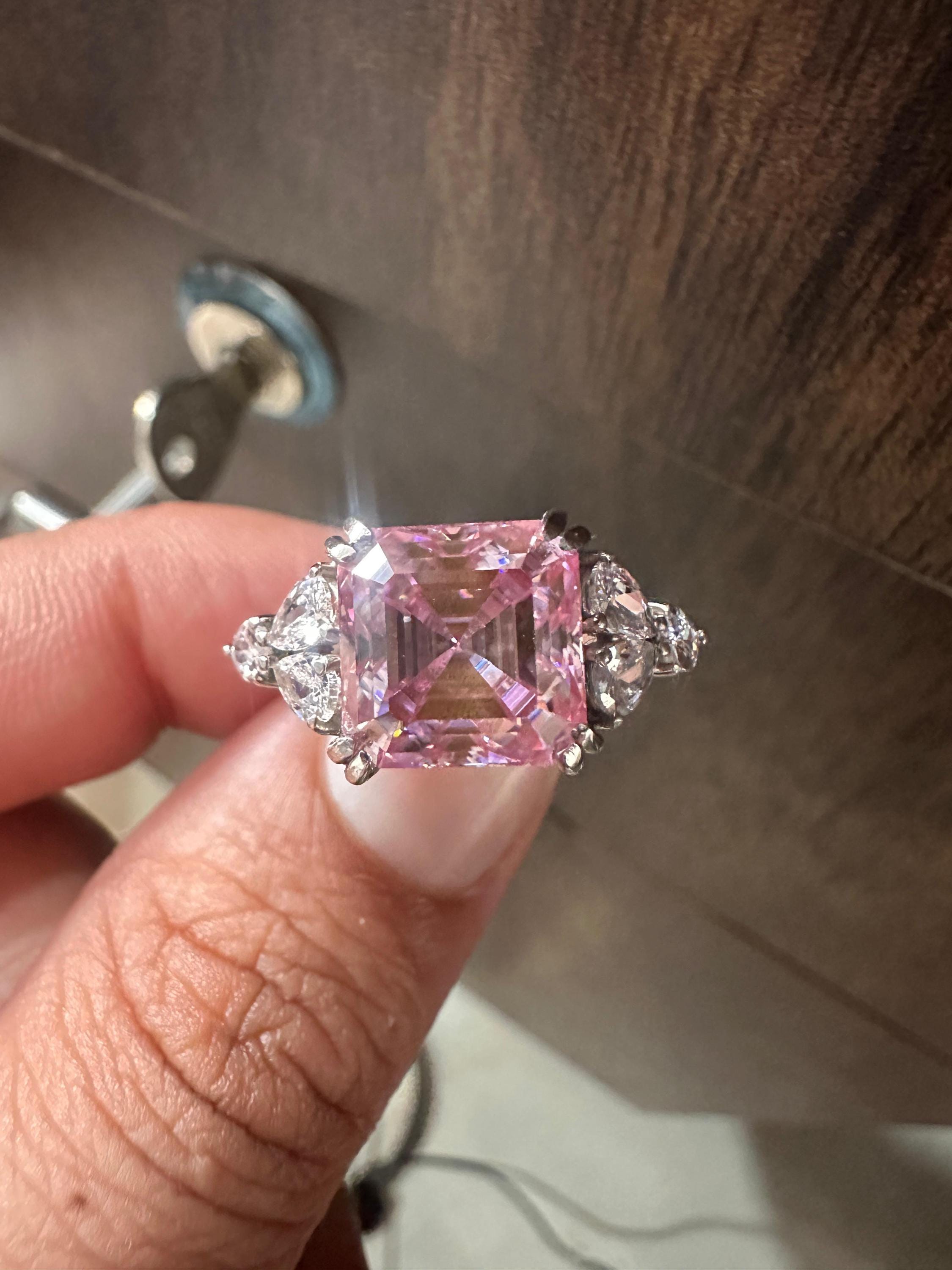 4 Ct Ascher cut Pink Moissanite Ring | 14K White Gold, Luxury gift for her