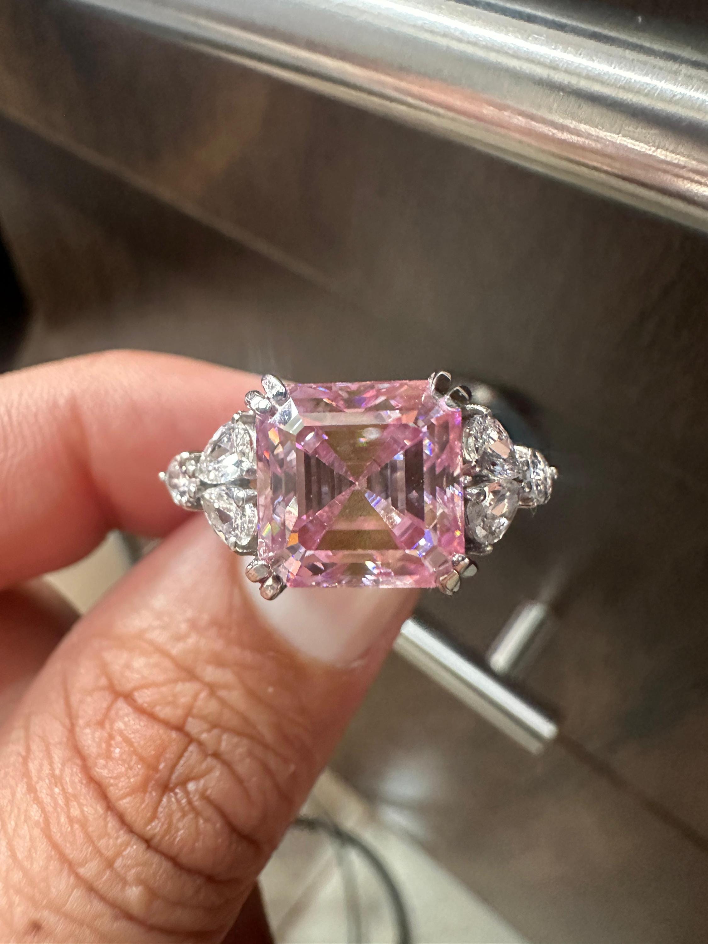 Pink Asscher Cut Moissanite Engagement Ring | 14K White Gold | Anniversary Gift for Her