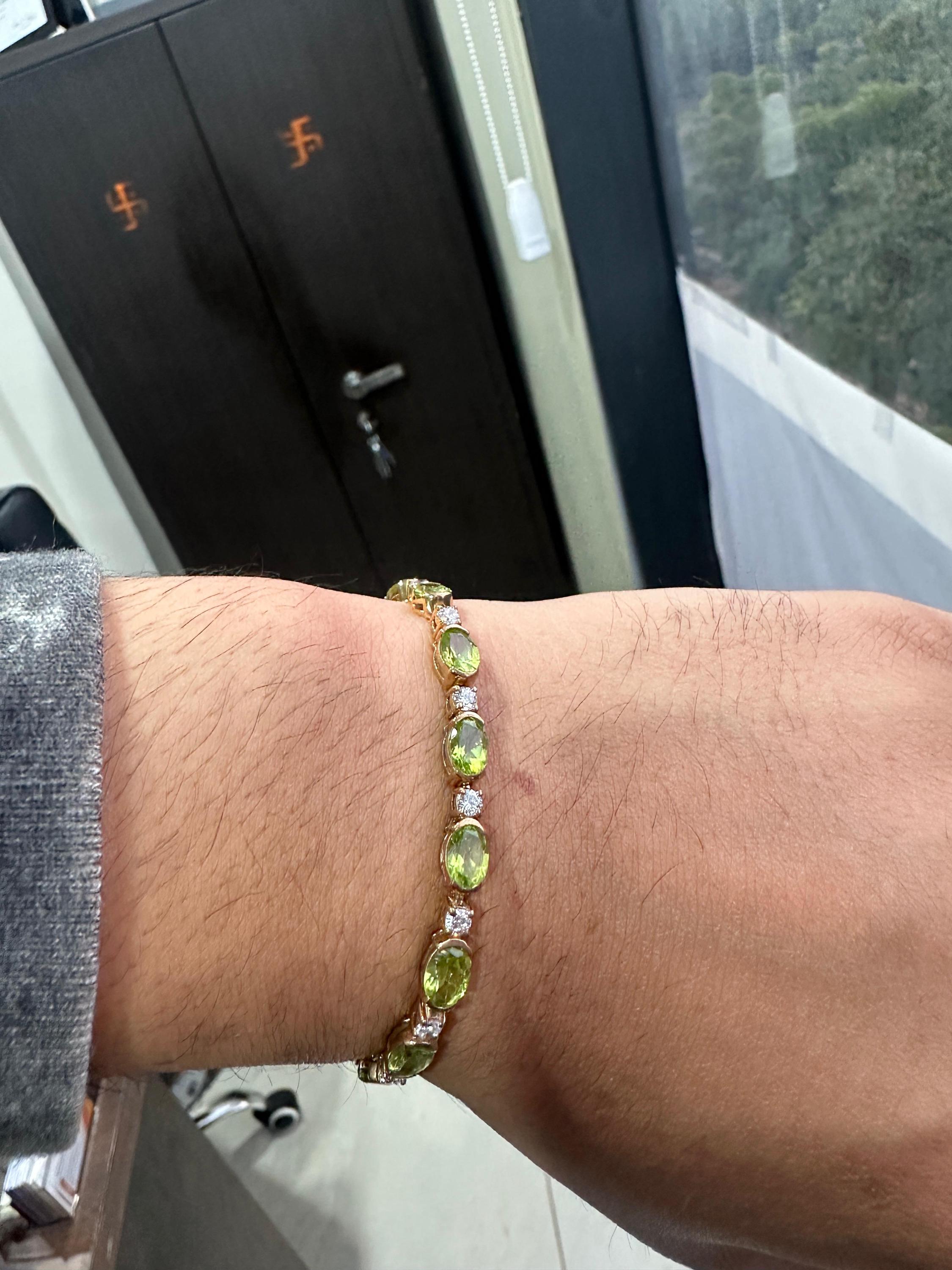 14K Yellow Gold Peridot Tennis Bracelet, Oval Gemstone Moissanite Accents