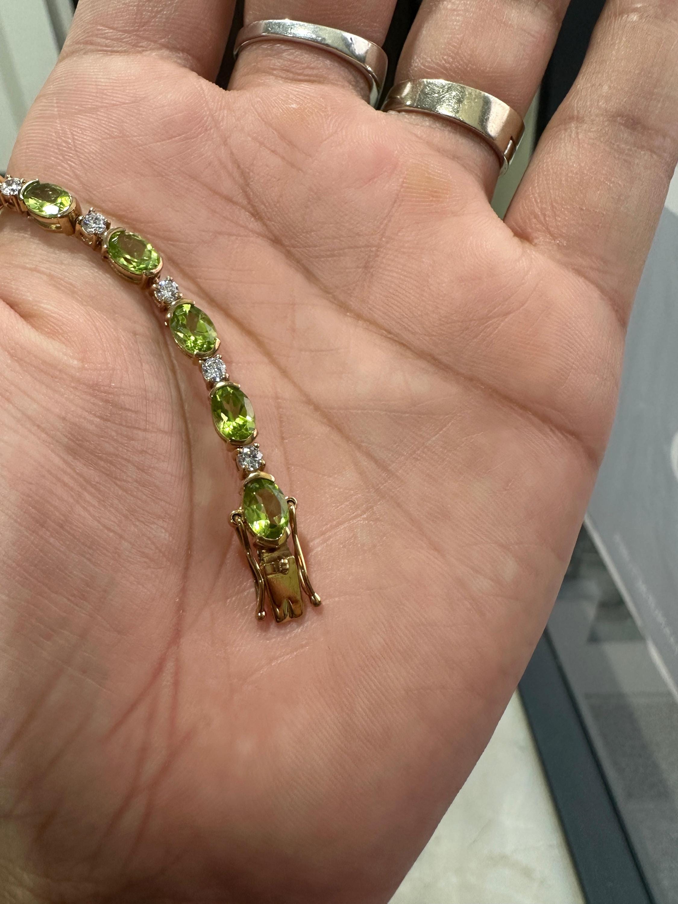 14K Yellow Gold Peridot Tennis Bracelet, Oval Gemstone Moissanite Accents