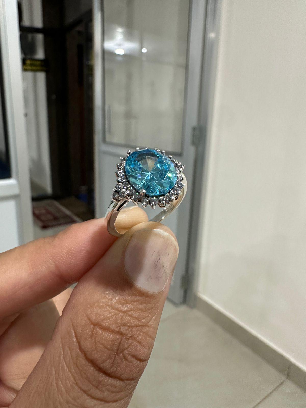 Ice Blue Oval Halo Ring, 925 Sterling Silver Statement Cocktail Ring for women