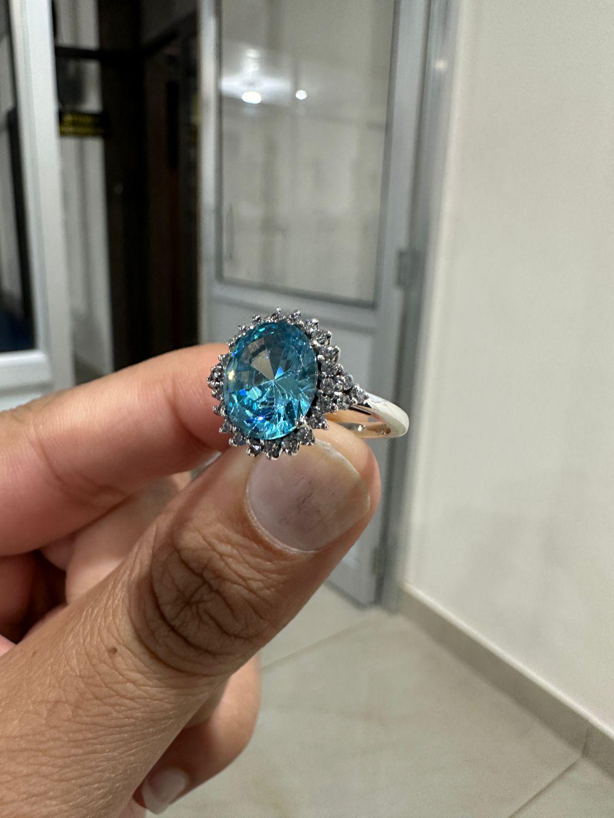 Ice Blue Oval Halo Ring, 925 Sterling Silver Statement Cocktail Ring for women