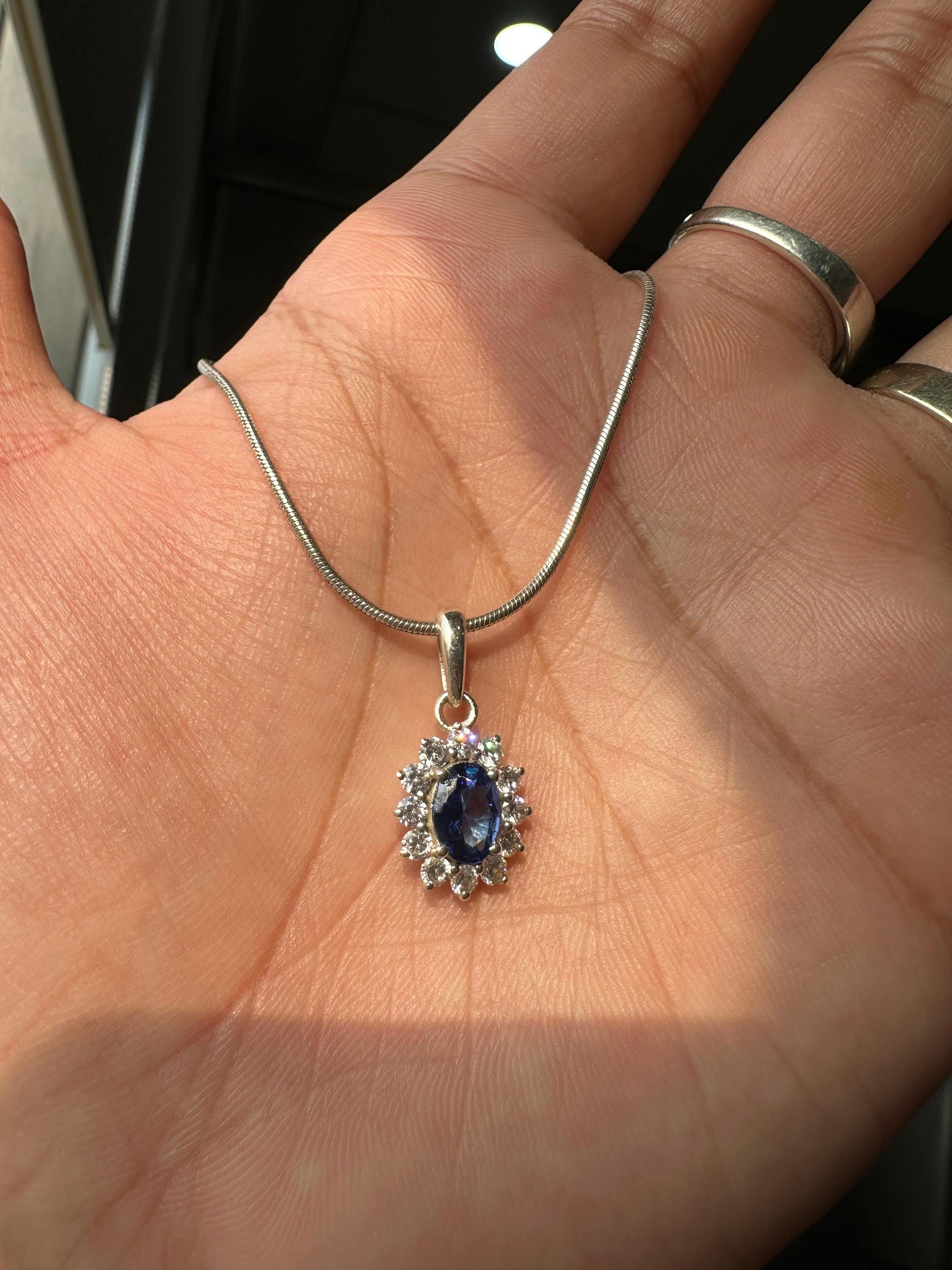 Oval Sapphire Moissanite Halo Pendant Necklace, 925 Sterling Silver Sunflower Jewelry