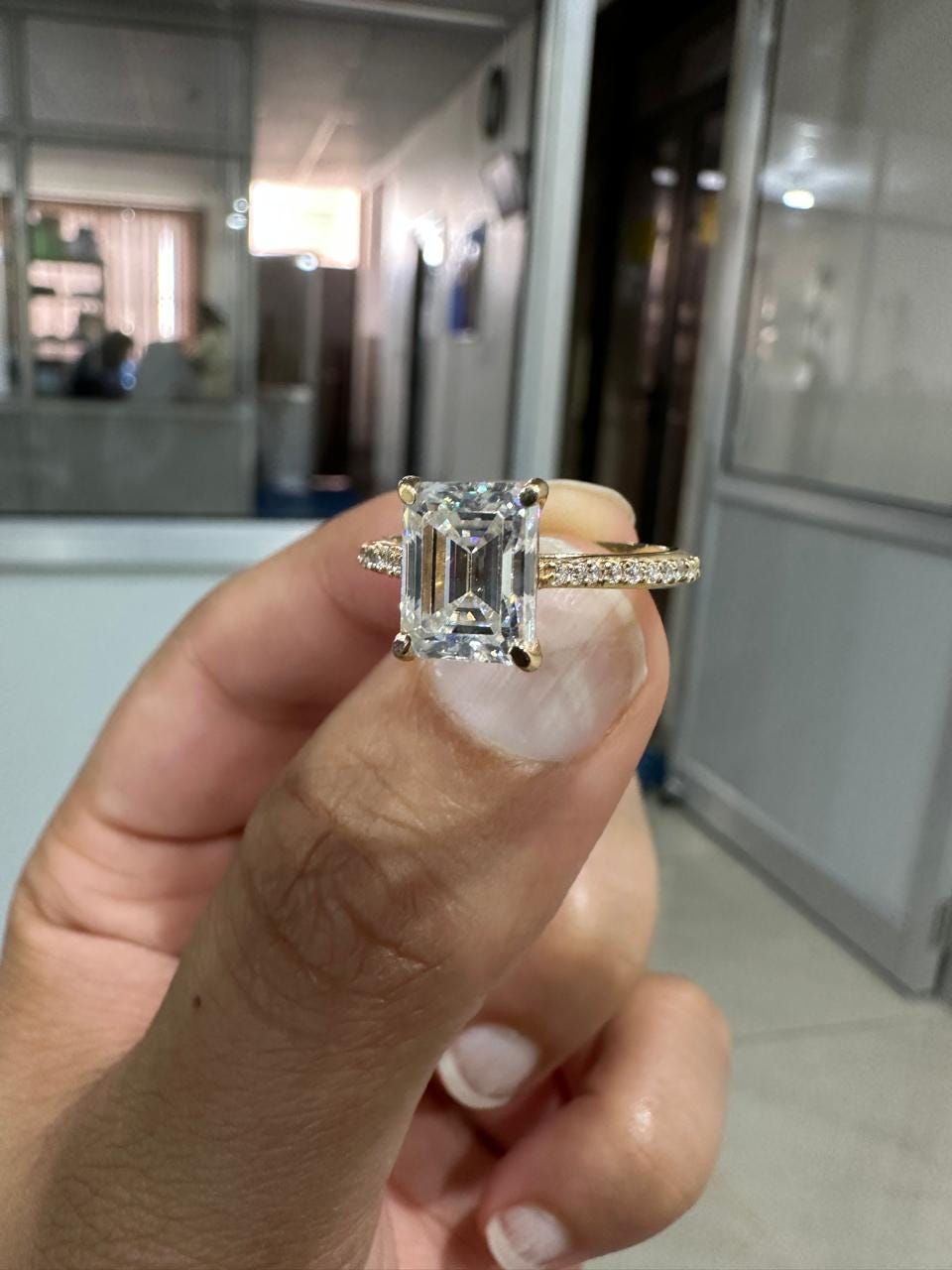 2 CT Emerald Cut Moissanite Engagement Ring, 14K Yellow Gold Pavé Band Proposal Ring