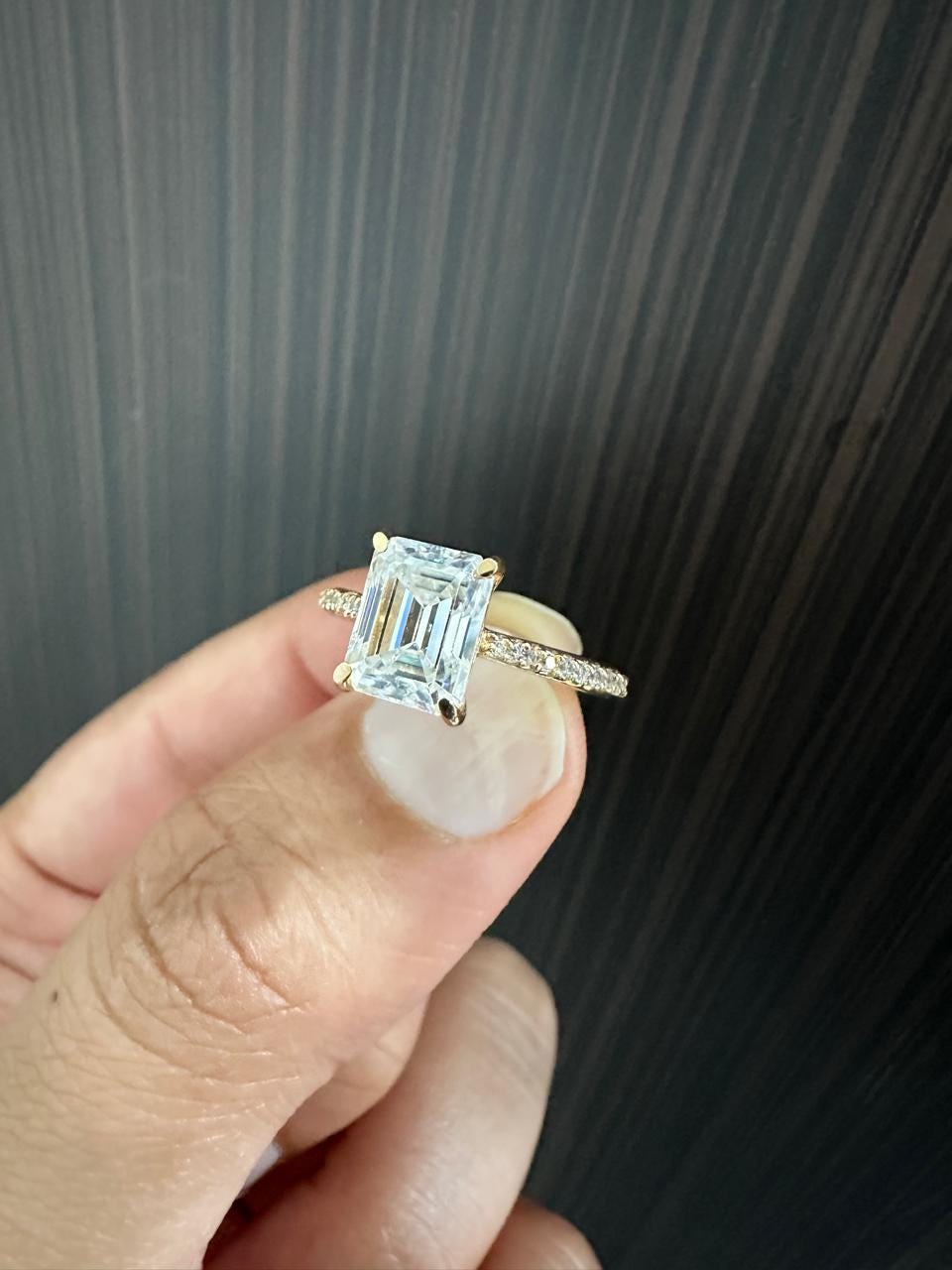 2 CT Emerald Cut Moissanite Engagement Ring, 14K Yellow Gold Pavé Band Proposal Ring
