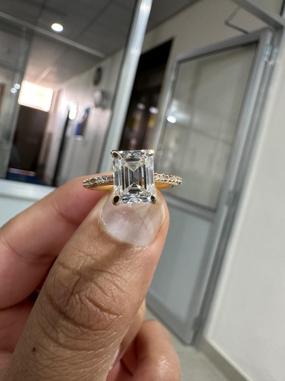 2 CT Emerald Cut Moissanite Engagement Ring, 14K Yellow Gold Pavé Band Proposal Ring