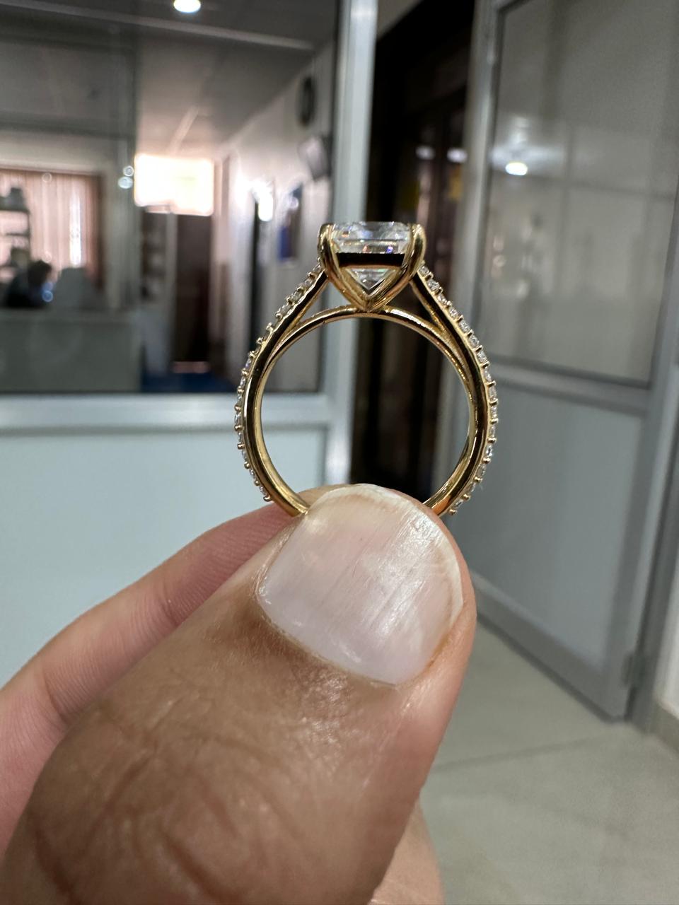 2 CT Emerald Cut Moissanite Engagement Ring, 14K Yellow Gold Pavé Band Proposal Ring