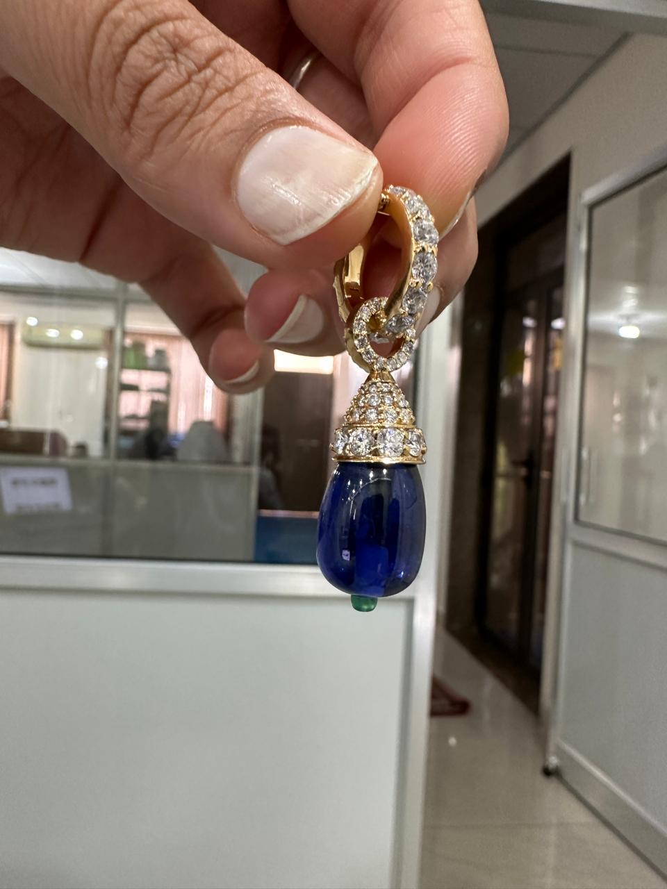 Lab Sapphire Teardrop Pendant | Moissanite, Emerald, 14K Gold Finish