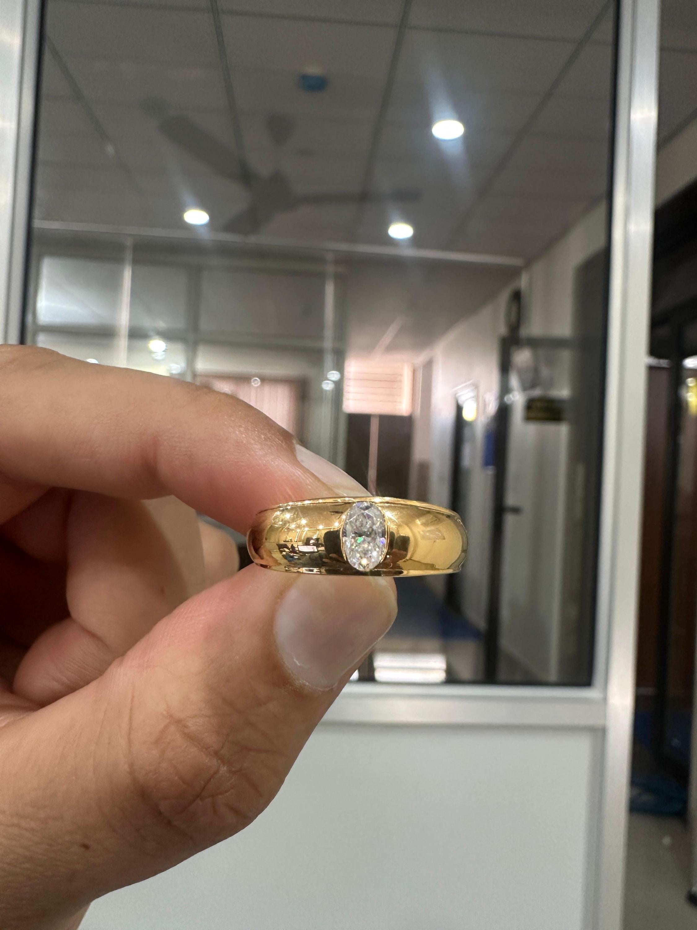 Oval Moissanite Engagement Ring | 14K Gold Bezel Wedding Band