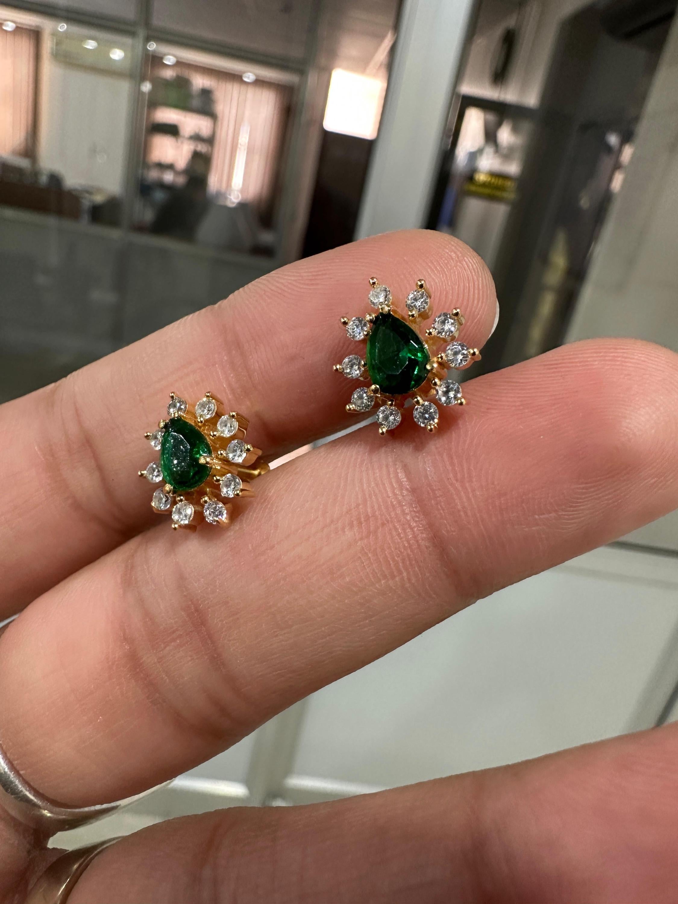 14K Yellow Gold Lab Emerald Earrings | Pear Cut Moissanite Halo Studs