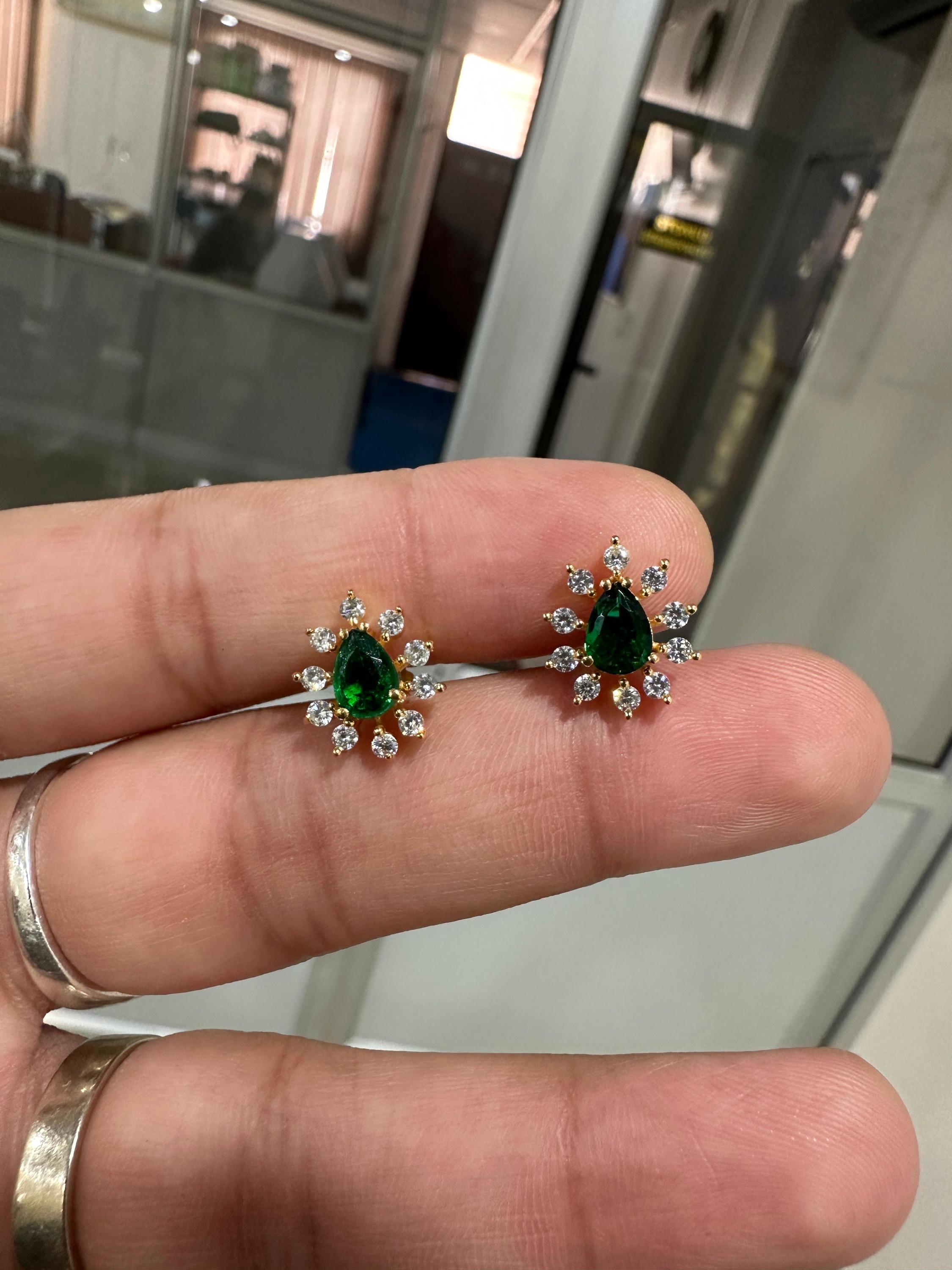 14K Yellow Gold Lab Emerald Earrings | Pear Cut Moissanite Halo Studs