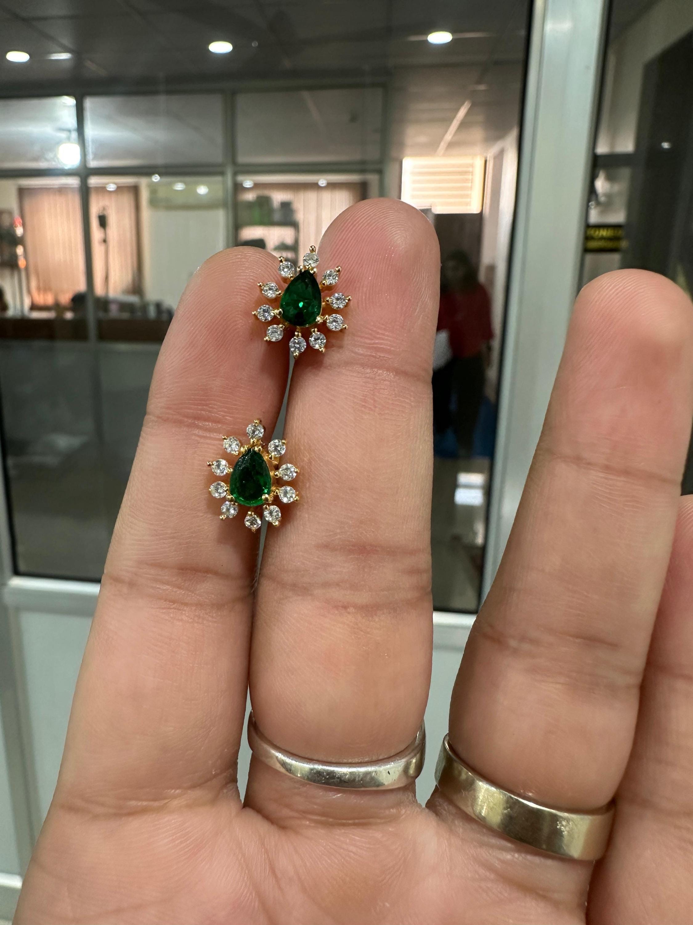 14K Yellow Gold Lab Emerald Earrings | Pear Cut Moissanite Halo Studs