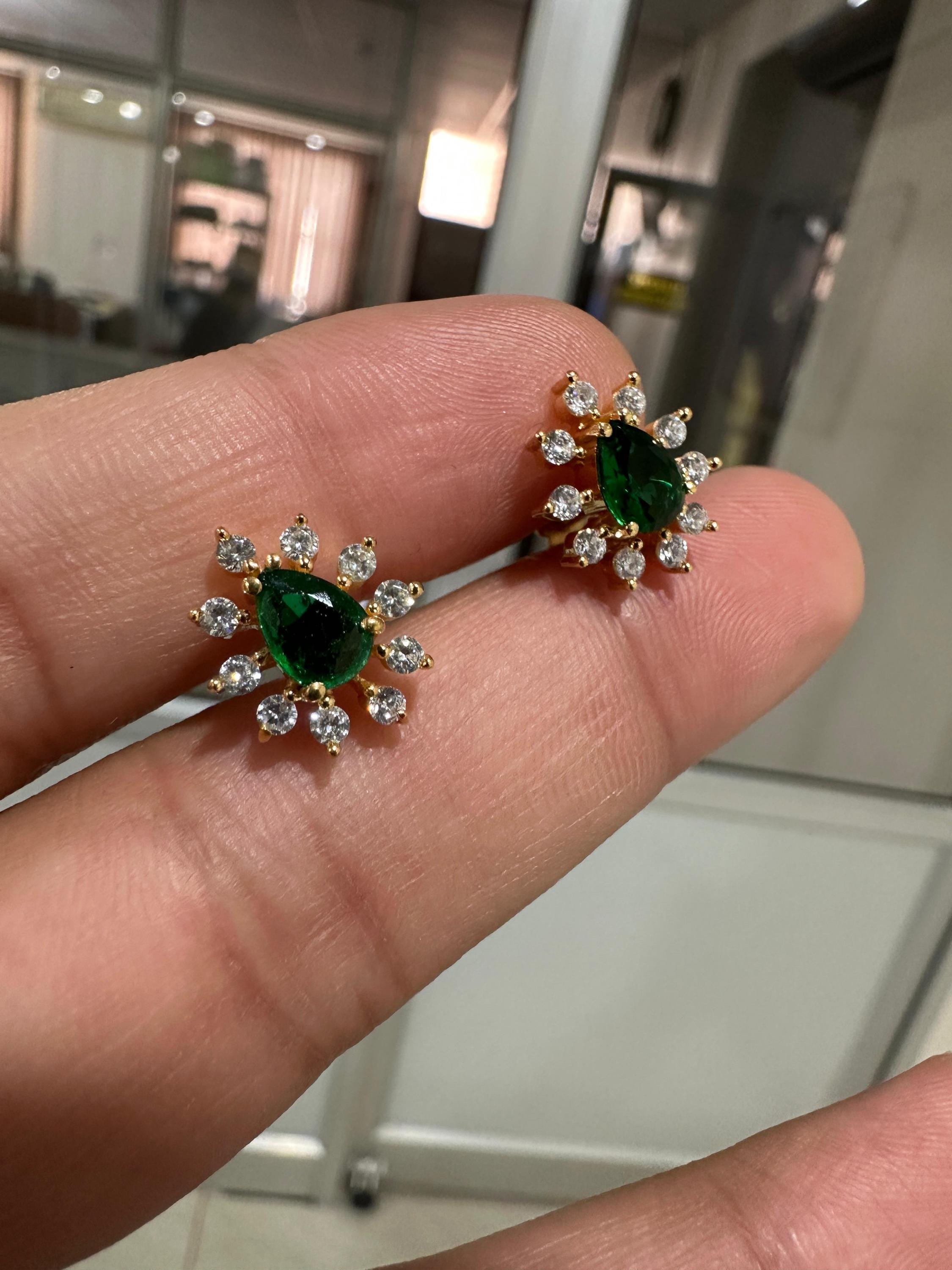 14K Yellow Gold Lab Emerald Earrings | Pear Cut Moissanite Halo Studs