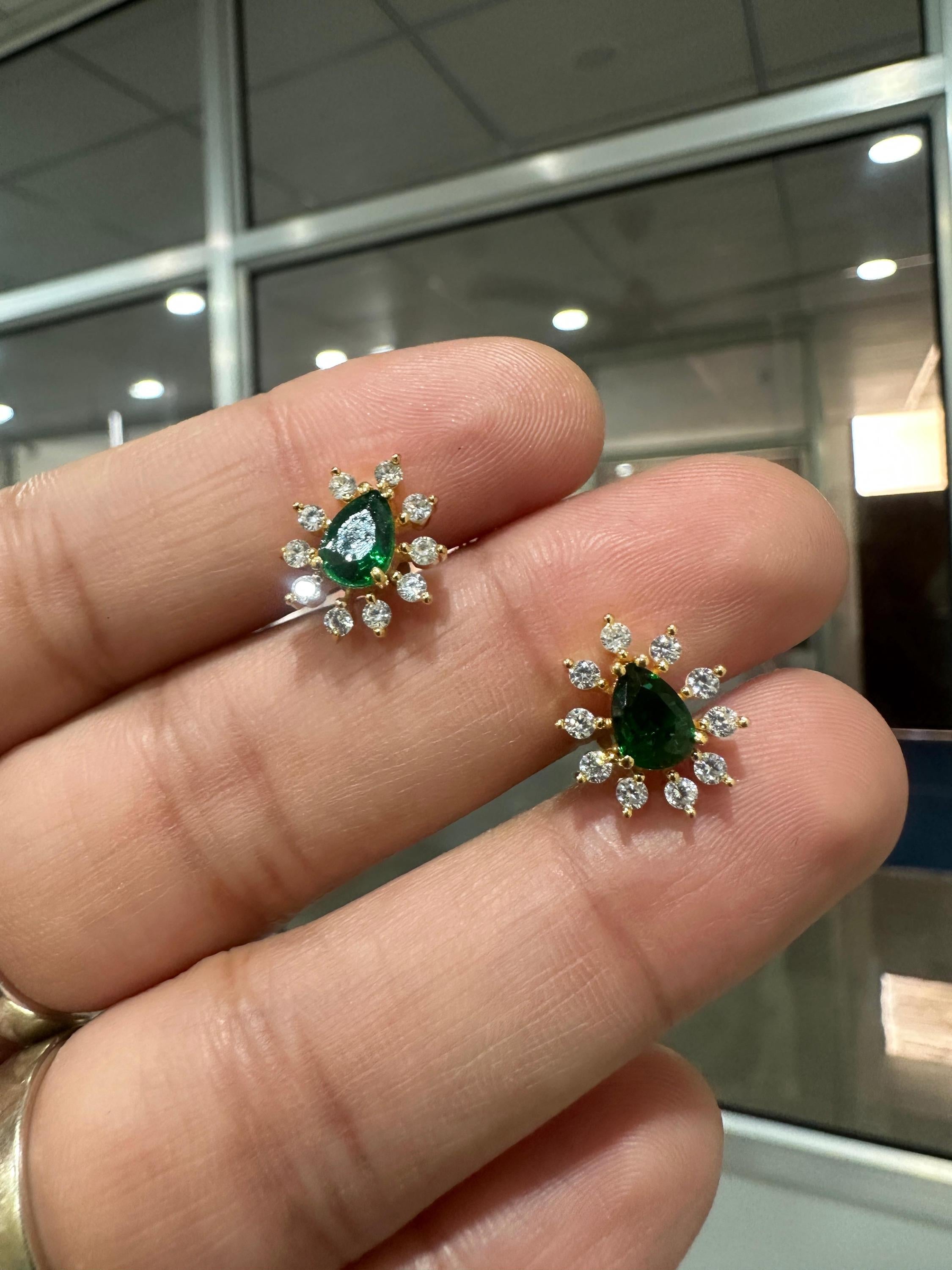 14K Yellow Gold Lab Emerald Earrings | Pear Cut Moissanite Halo Studs