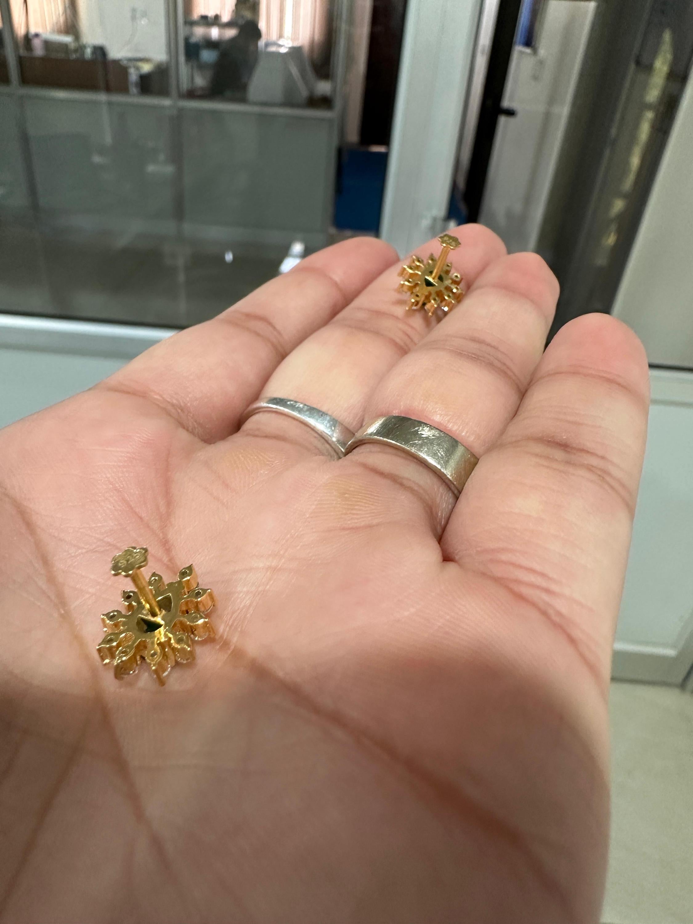 14K Yellow Gold Lab Emerald Earrings | Pear Cut Moissanite Halo Studs