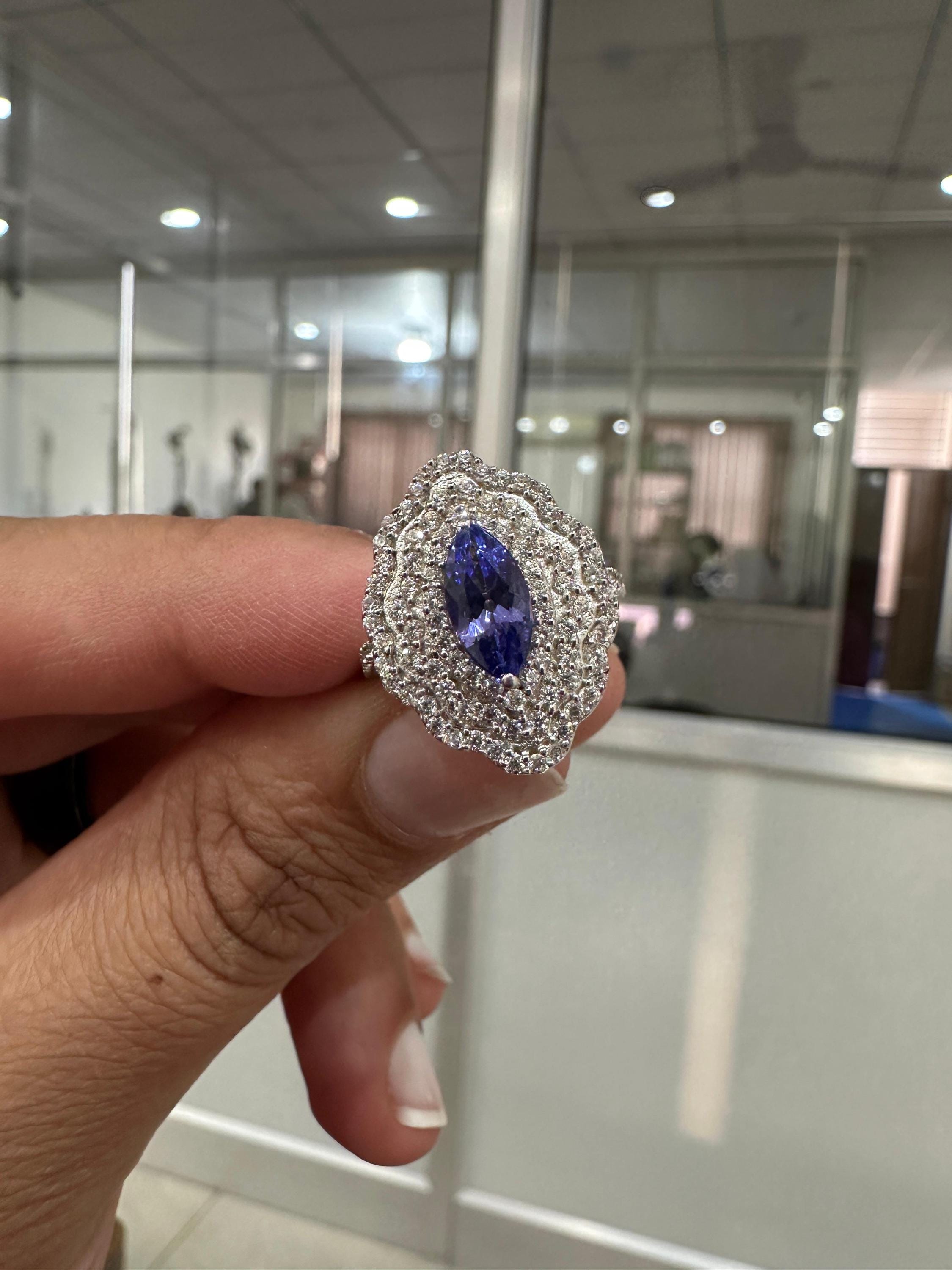 Marquise Tanzanite Halo Engagement Ring, 1.65 CT Blue Purple Gemstone, Moissanite Accents