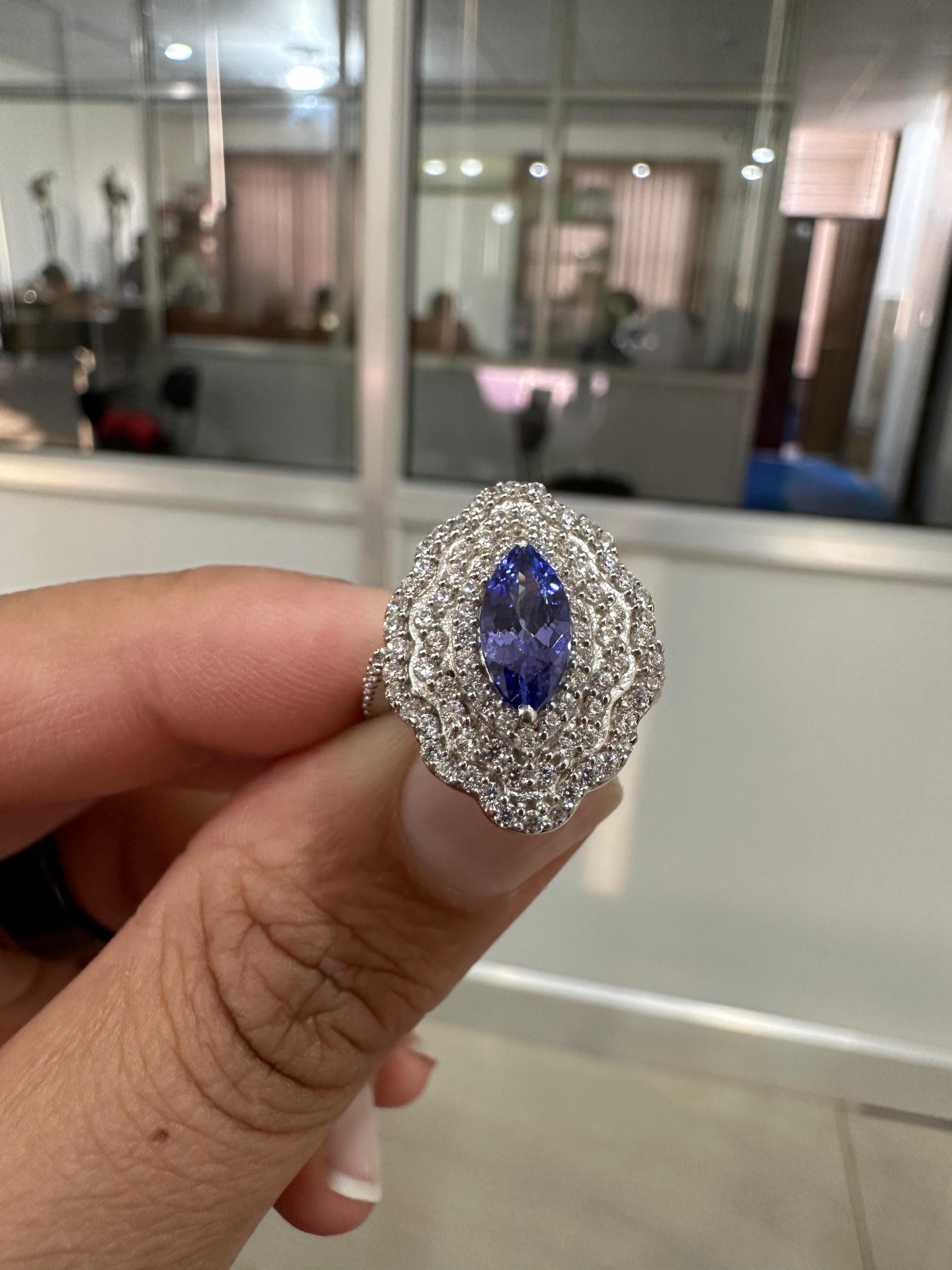 Marquise Tanzanite Halo Engagement Ring, 1.65 CT Blue Purple Gemstone, Moissanite Accents