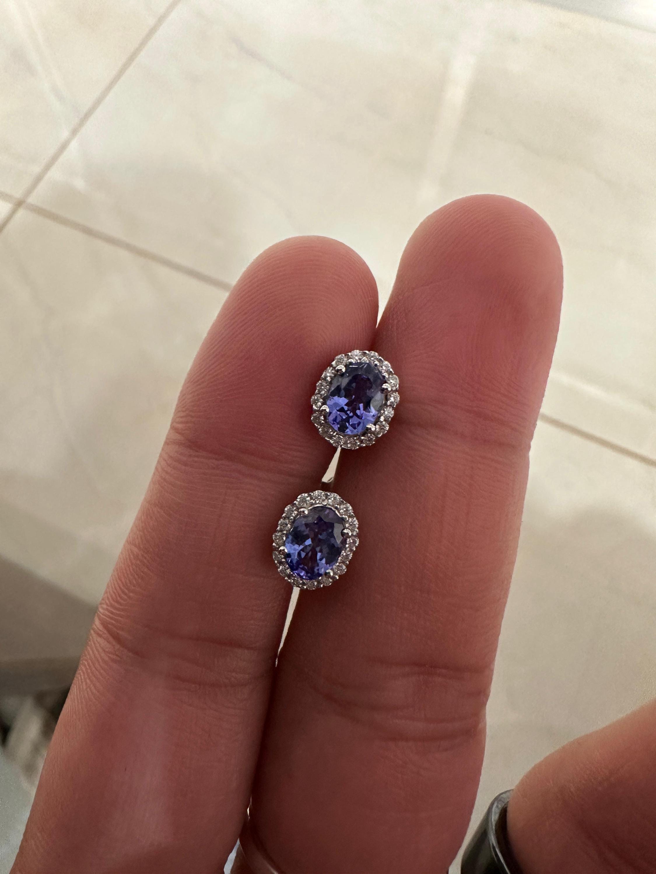 Oval Tanzanite Halo Stud Earrings | 14K White Gold, Moissanite Accents