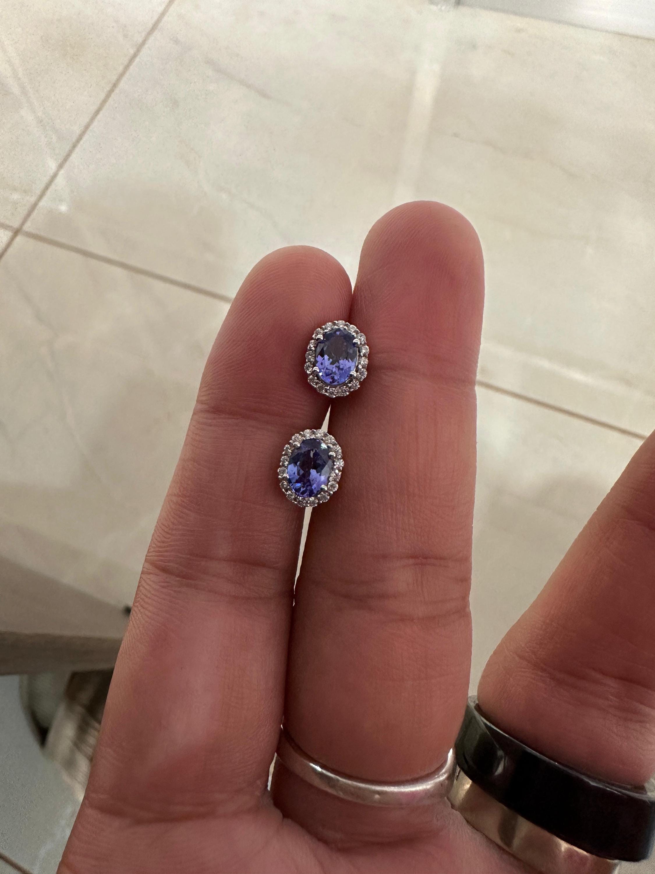 Oval Tanzanite Halo Stud Earrings | 14K White Gold, Moissanite Accents