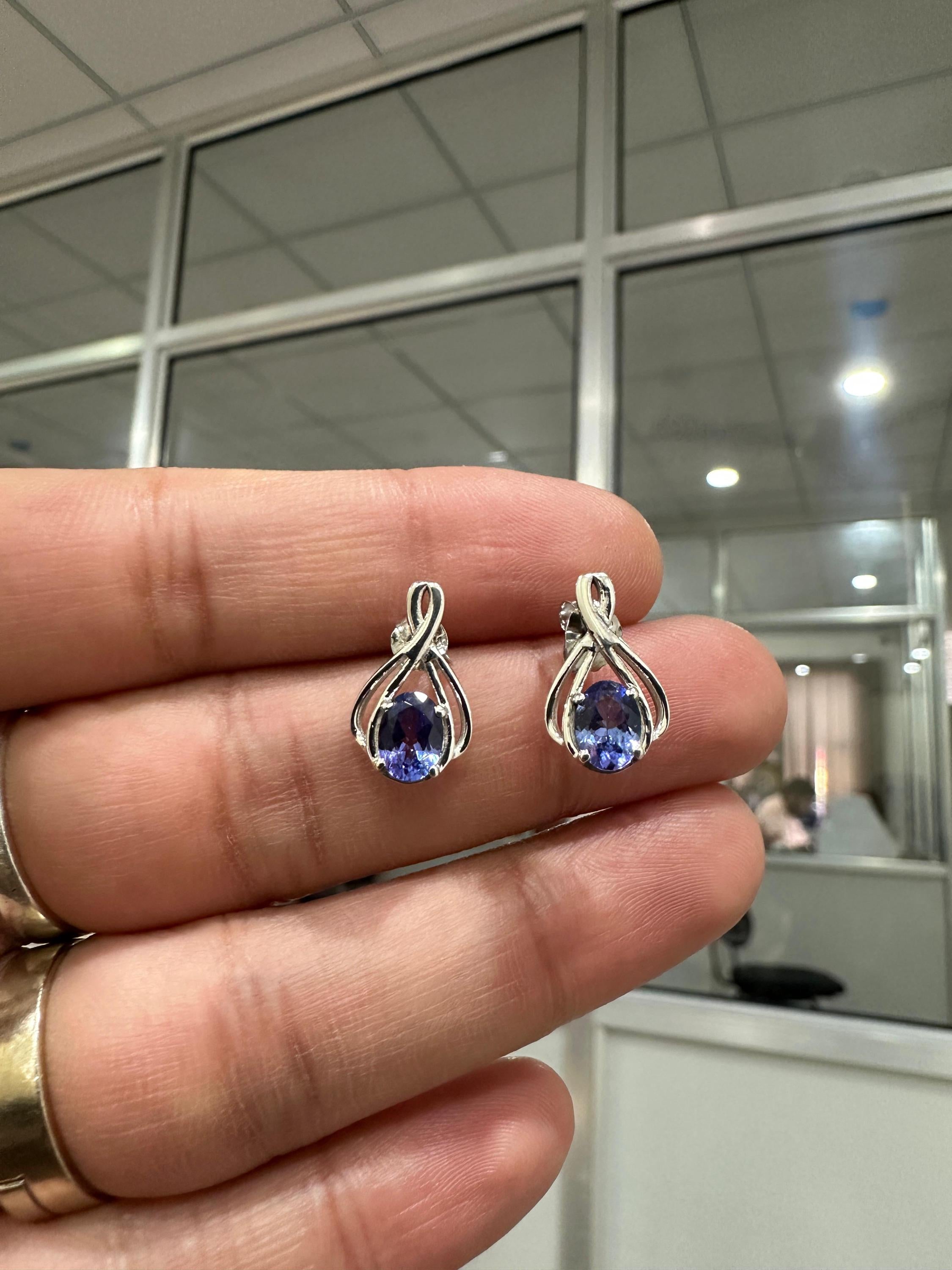 Oval cut Tanzanite Infinity Stud Earrings | 14K White Gold, December Birthstone Jewelry