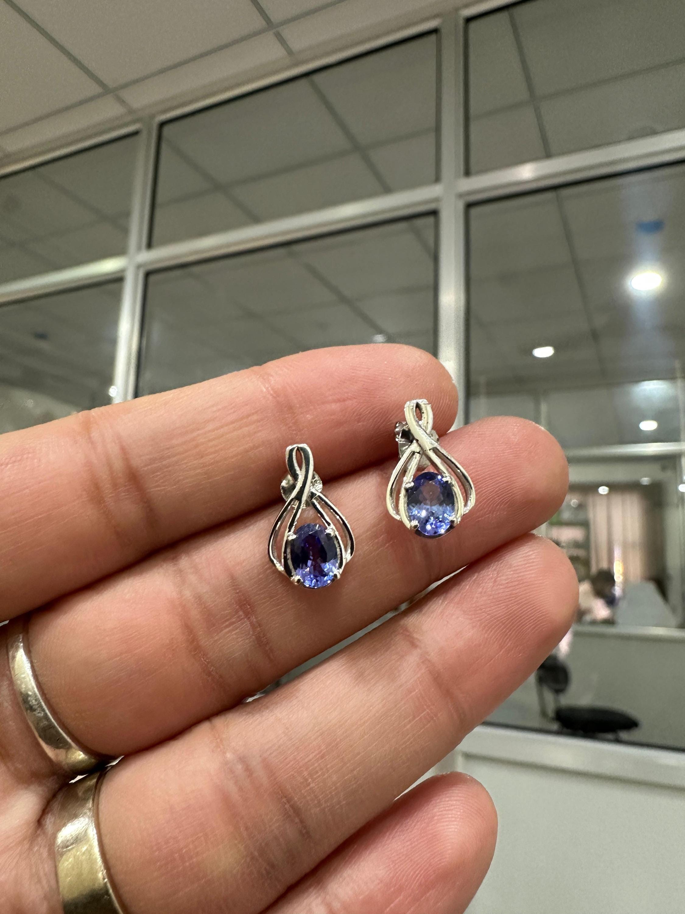 Oval cut Tanzanite Infinity Stud Earrings | 14K White Gold, December Birthstone Jewelry