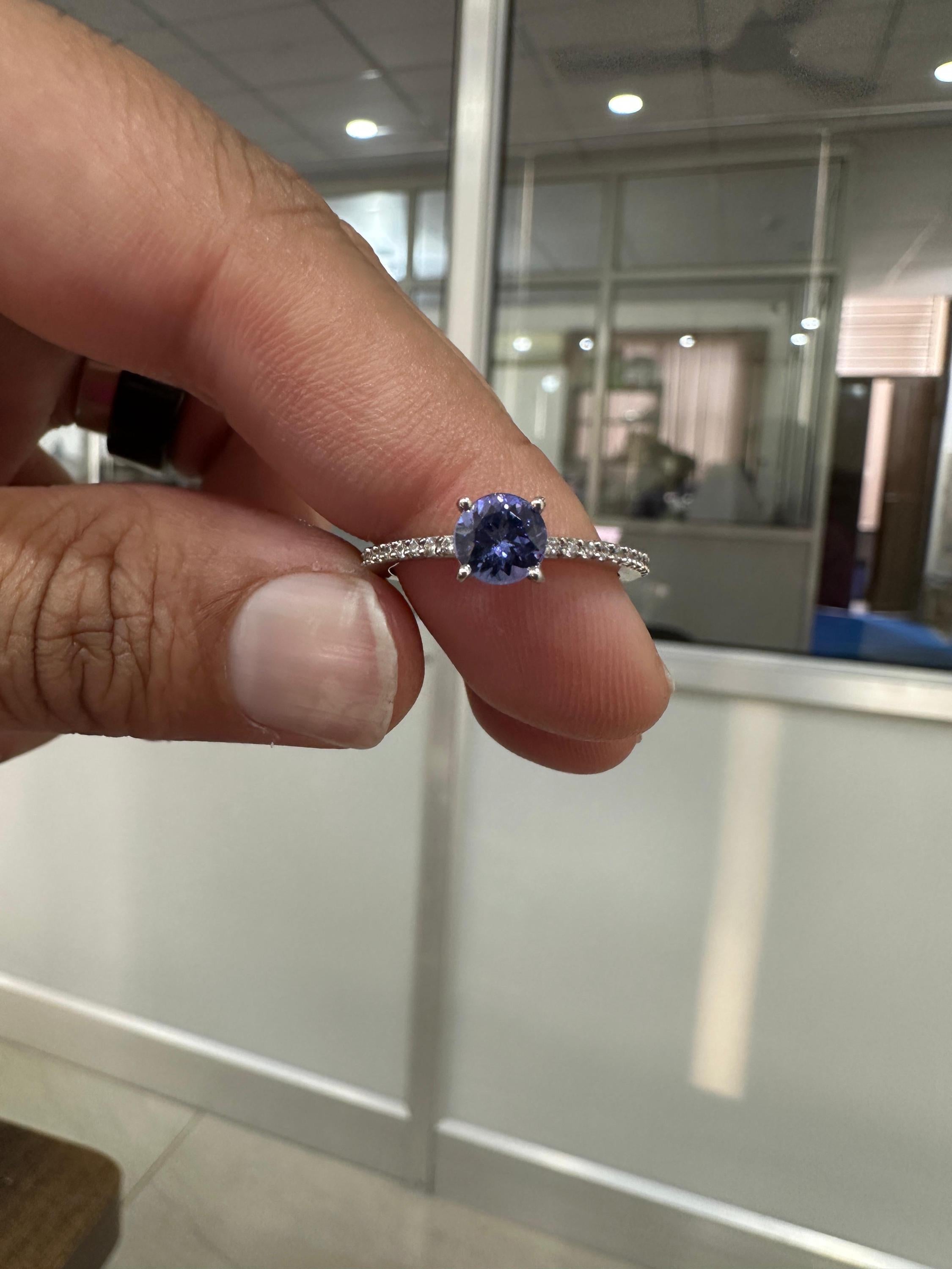 Round cut Tanzanite Diamond Engagement Ring | 14K White Gold | Anniversary Gift for her
