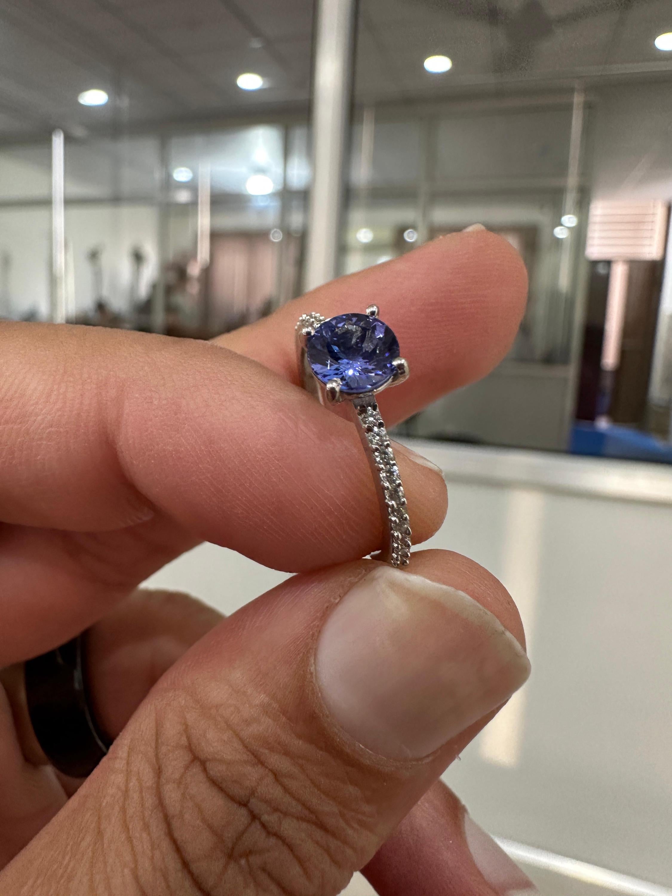Round cut Tanzanite Diamond Engagement Ring | 14K White Gold | Anniversary Gift for her