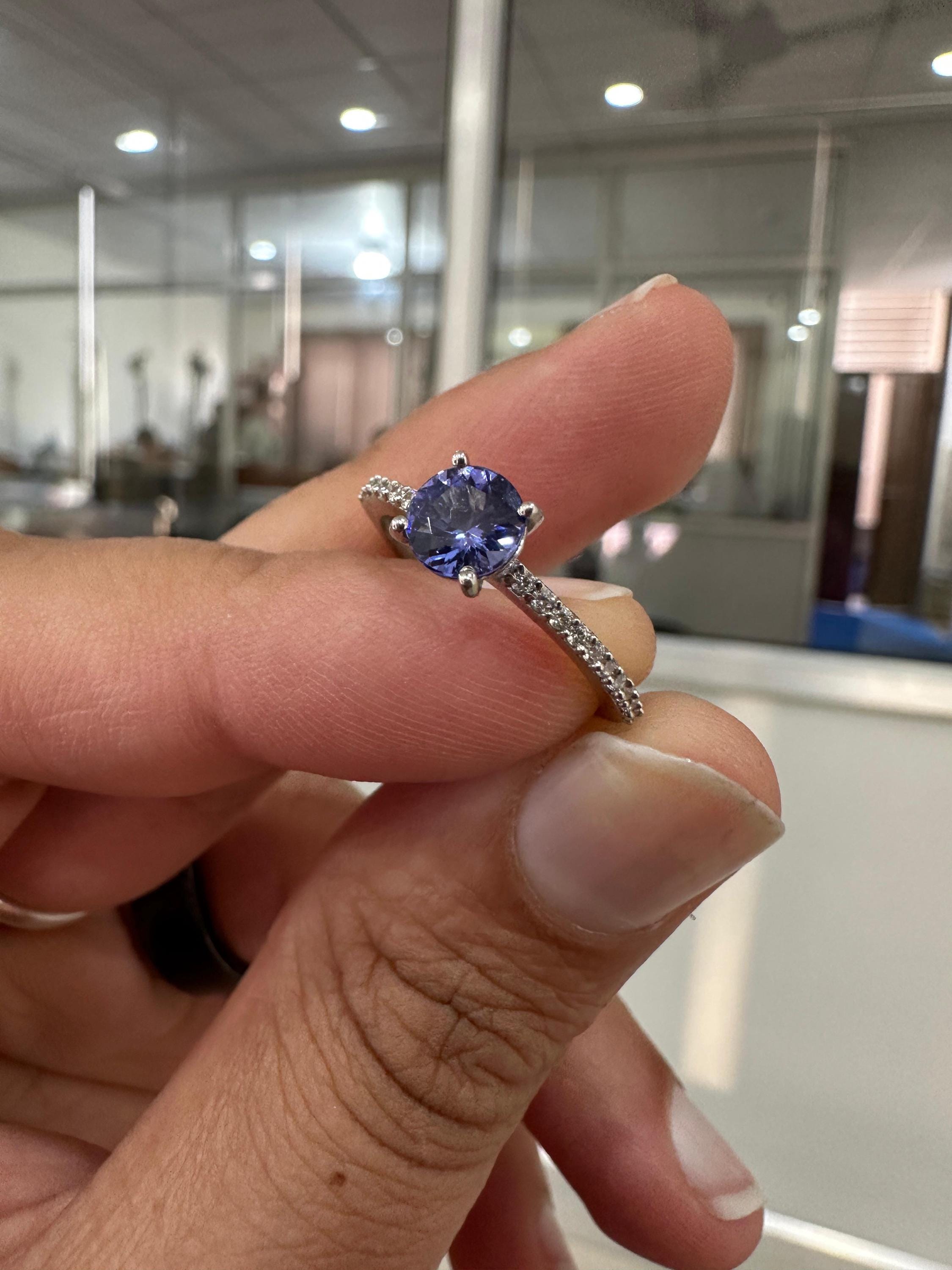 Round cut Tanzanite Diamond Engagement Ring | 14K White Gold | Anniversary Gift for her
