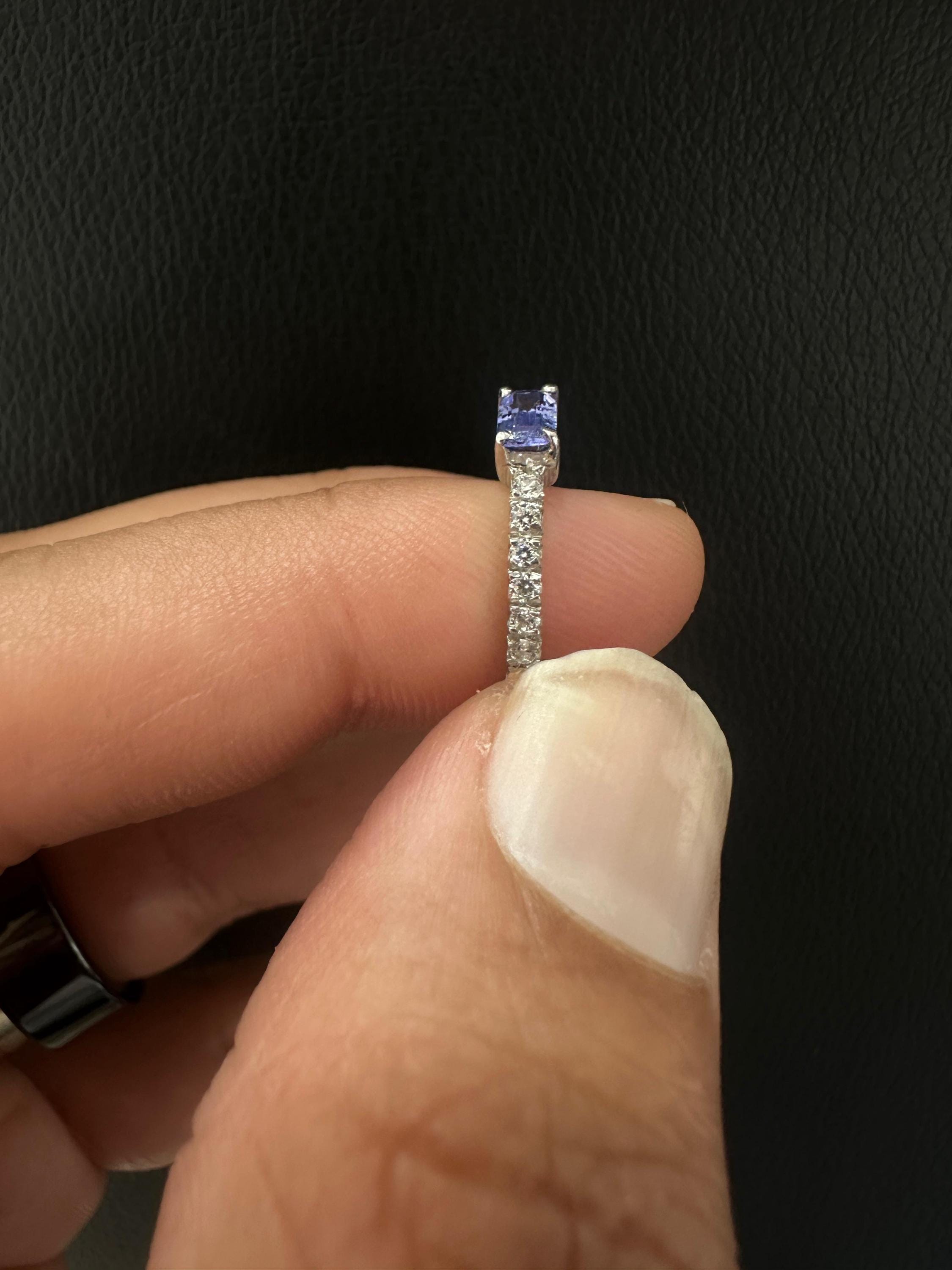 Baguette Cut Tanzanite Diamond Ring | 14K White Gold Minimalist Blue Violet Gemstone