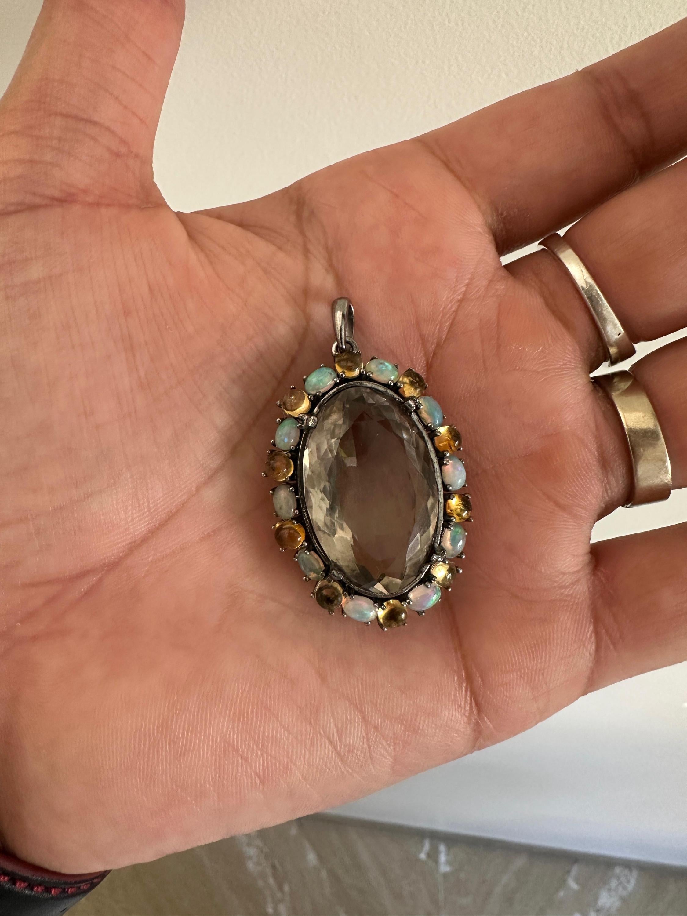 Green Amethyst & Opal Pendant | Sterling Silver Halo Necklace