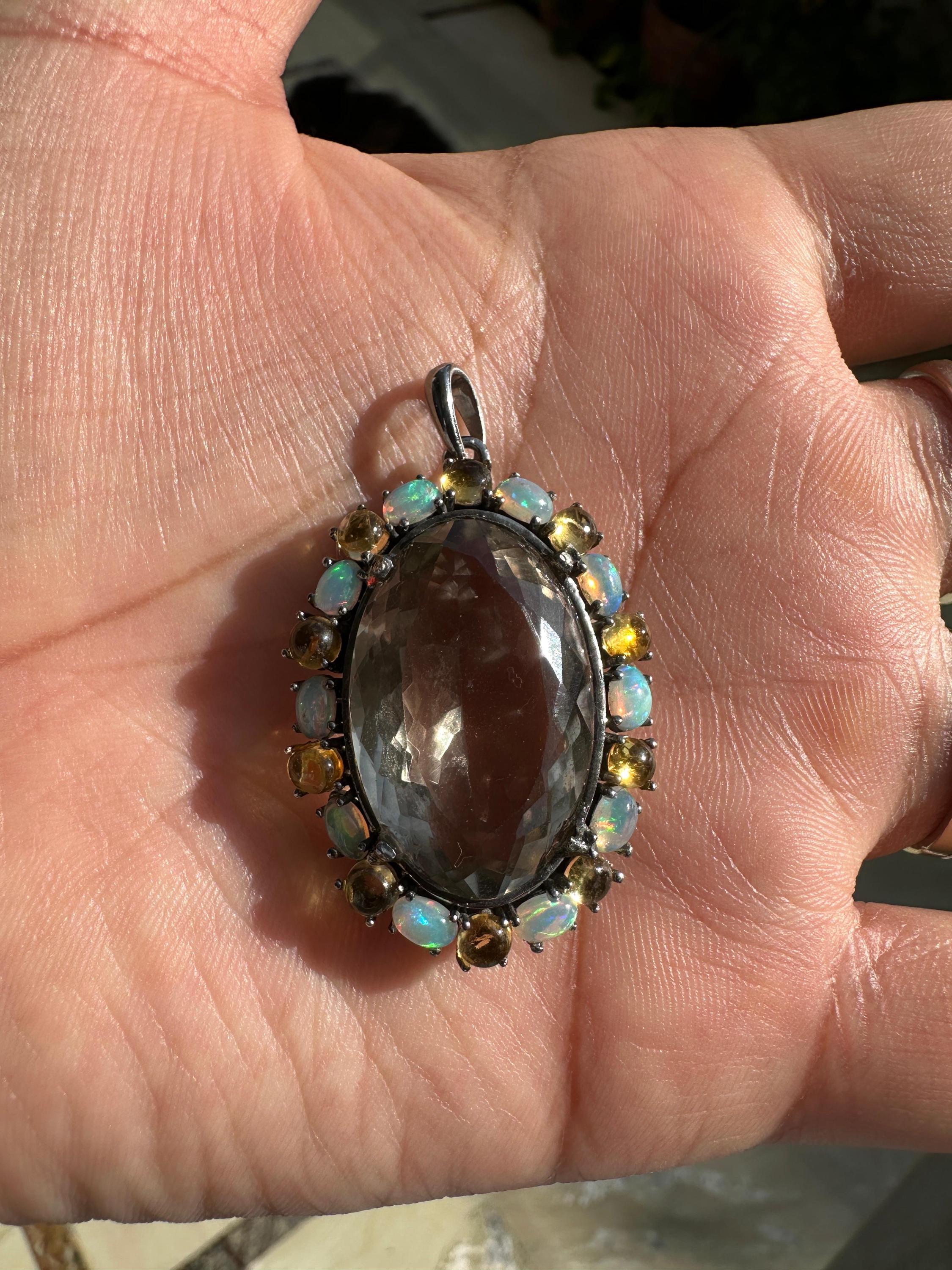 Green Amethyst & Opal Pendant | Sterling Silver Halo Necklace