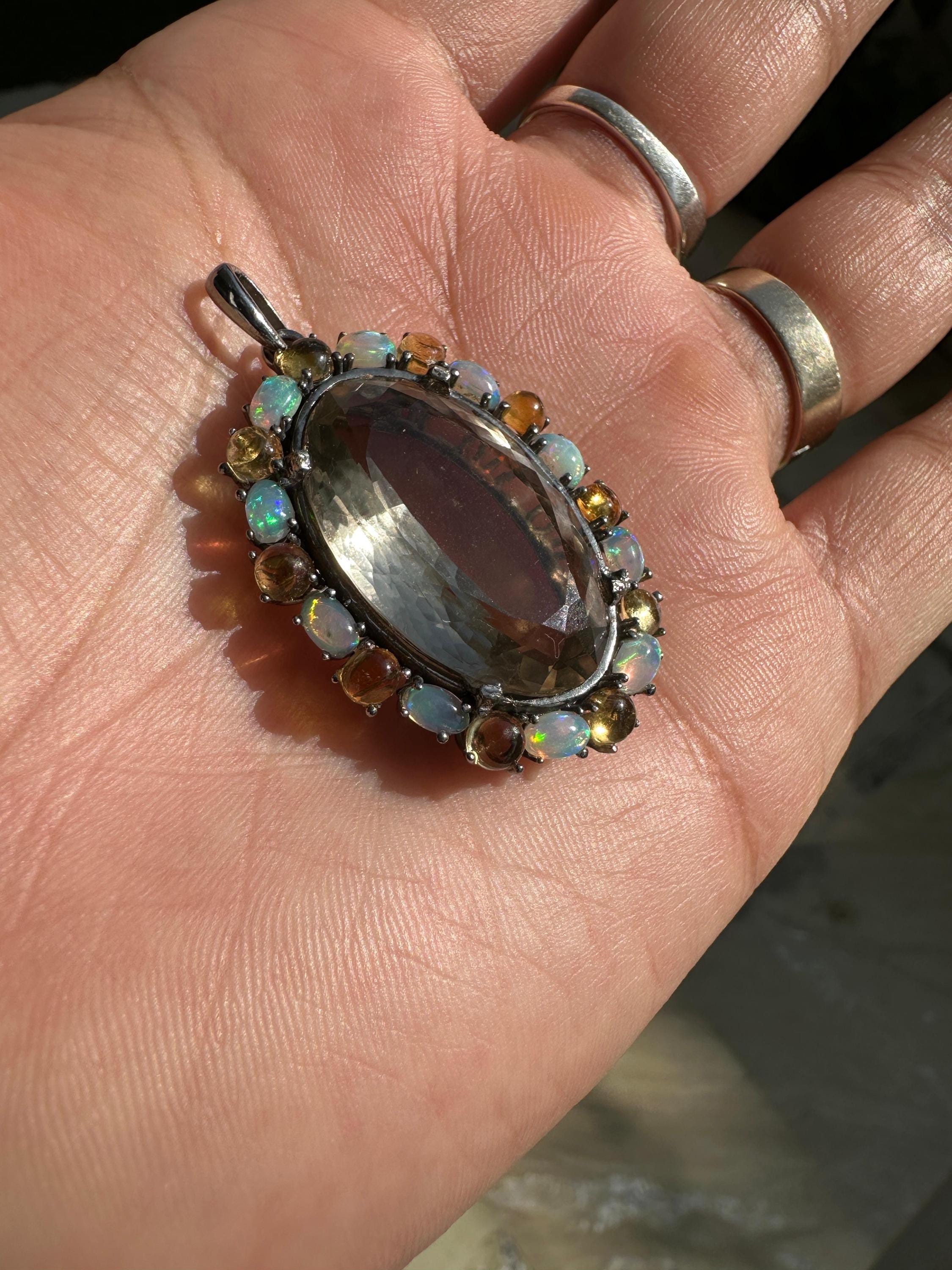Green Amethyst & Opal Pendant | Sterling Silver Halo Necklace