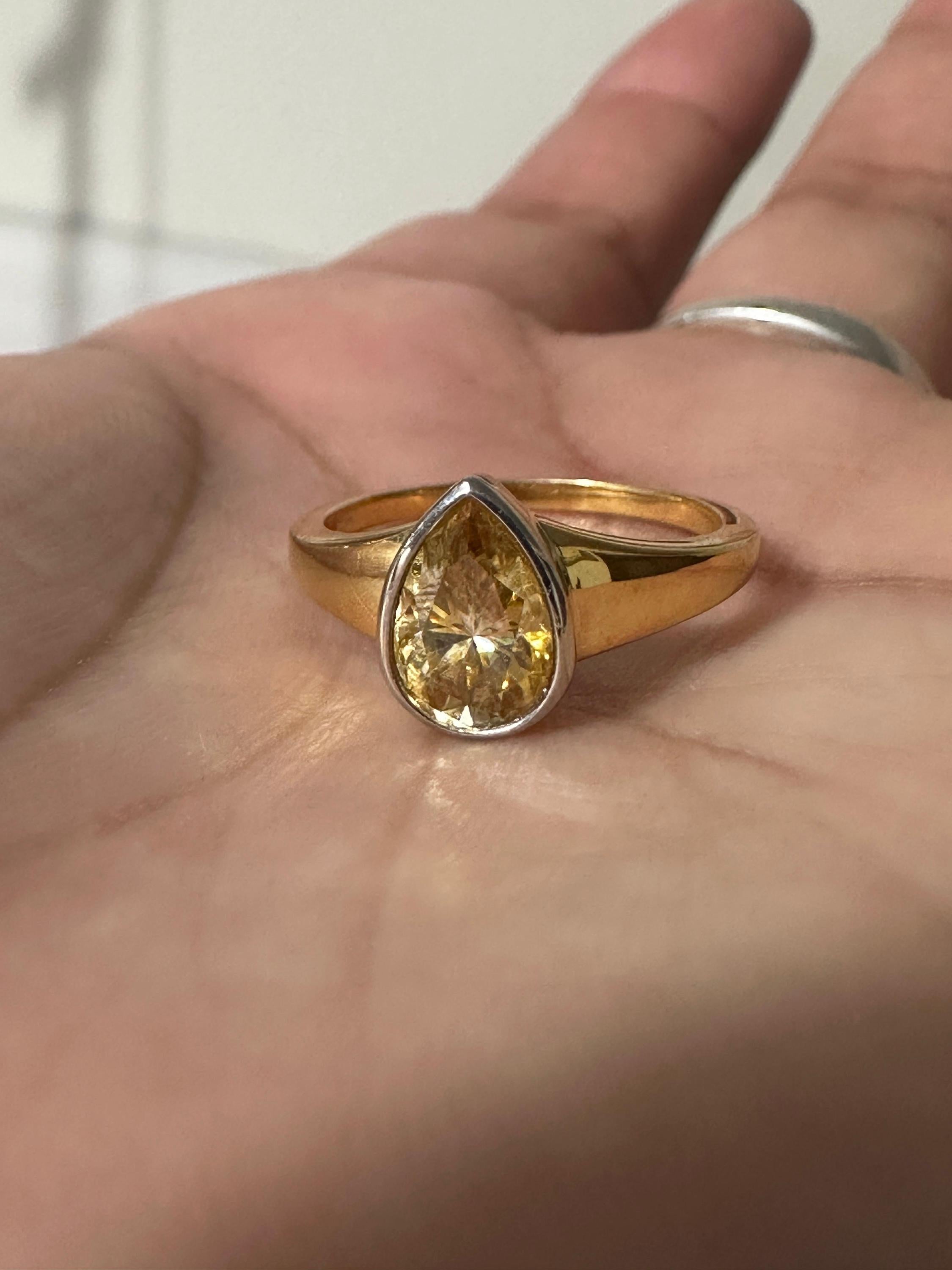 Pear Cut Yellow Moissanite Ring, 14K Gold Bezel Set Engagement Ring, Minimalist Solitaire