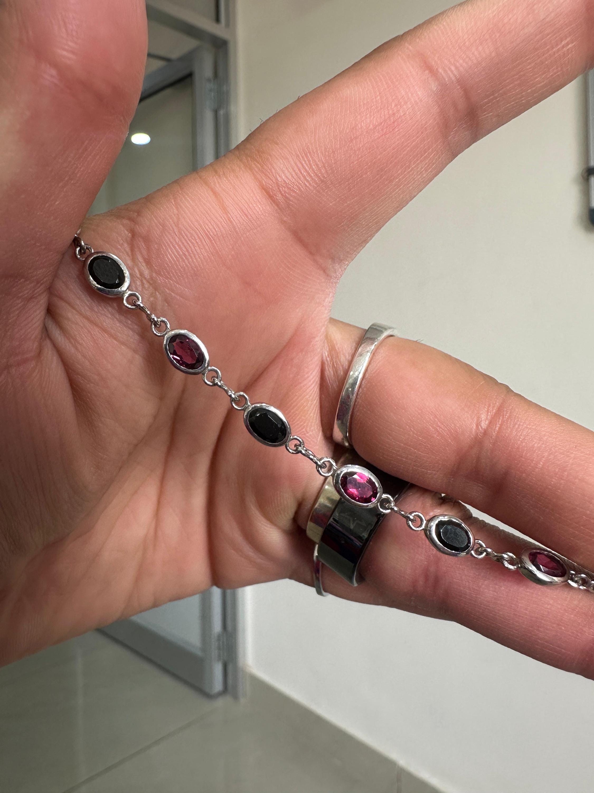 Multi Stone Rhodolite & Black Spinel Bracelet | 925 Sterling Silver, Gift for him