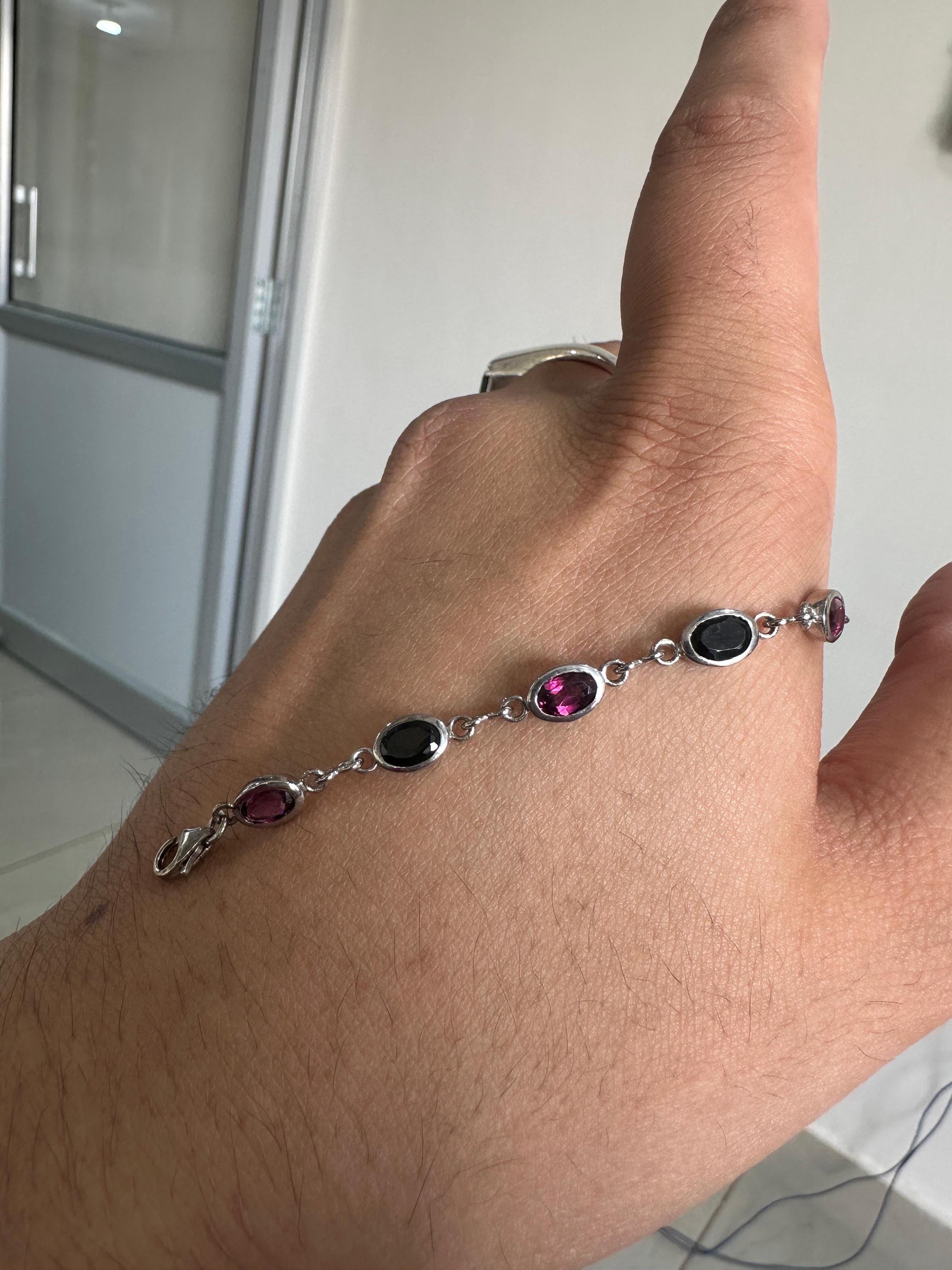 Multi Stone Rhodolite & Black Spinel Bracelet | 925 Sterling Silver, Gift for him
