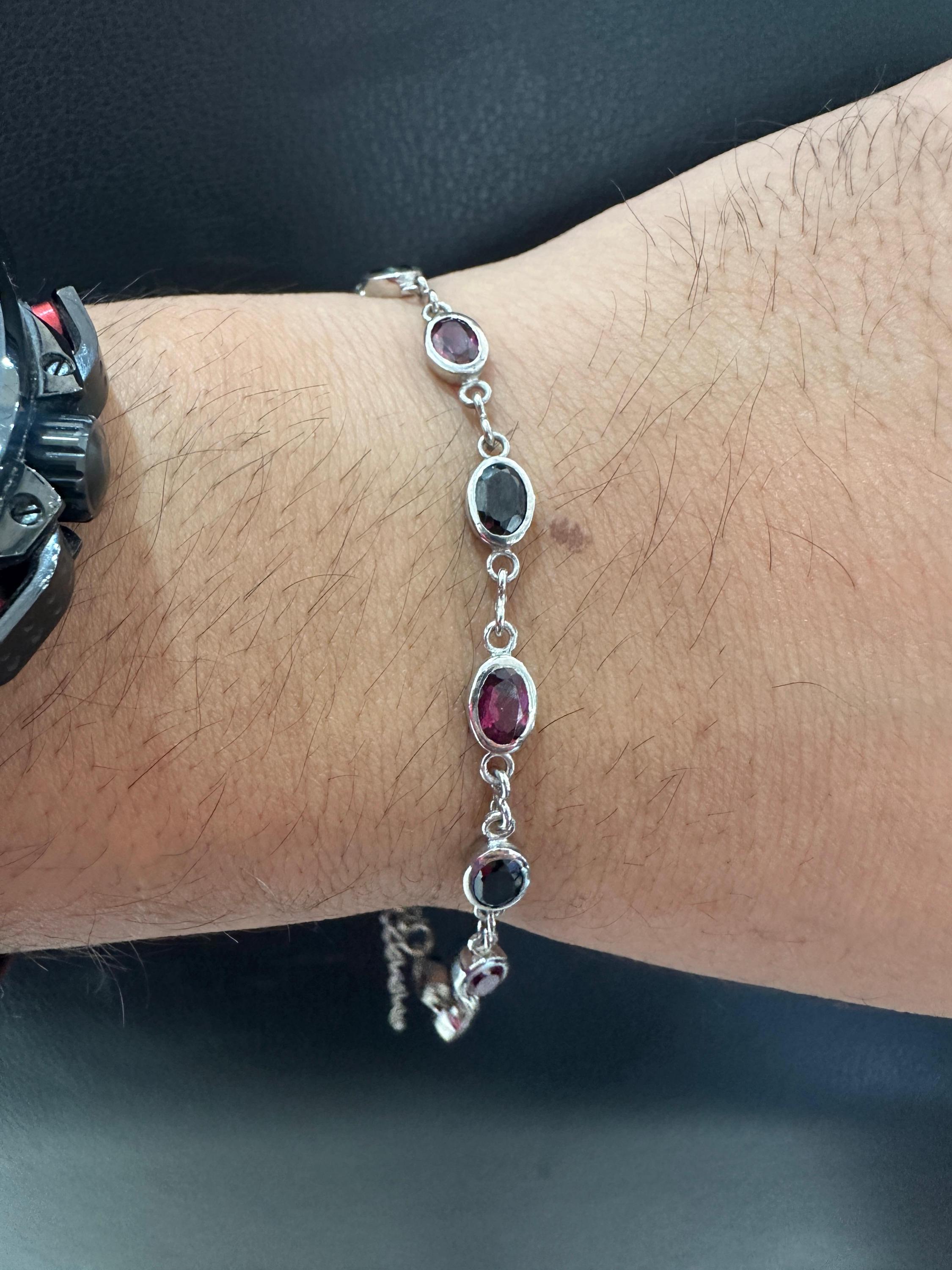 Multi Stone Rhodolite & Black Spinel Bracelet | 925 Sterling Silver, Gift for him