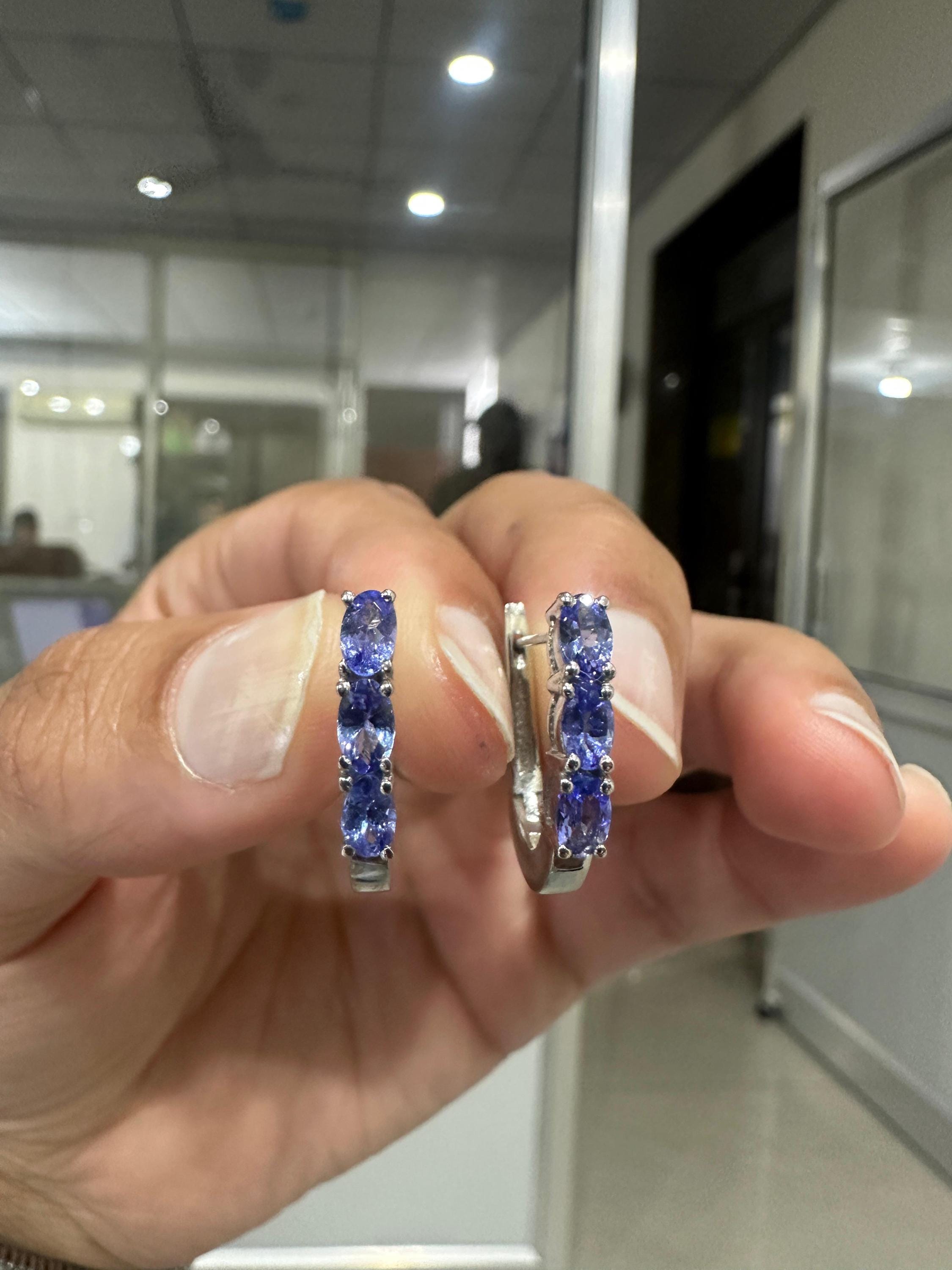 14k White Gold Tanzanite Huggies Hoop Earrings, December Birthstone, Gift for her