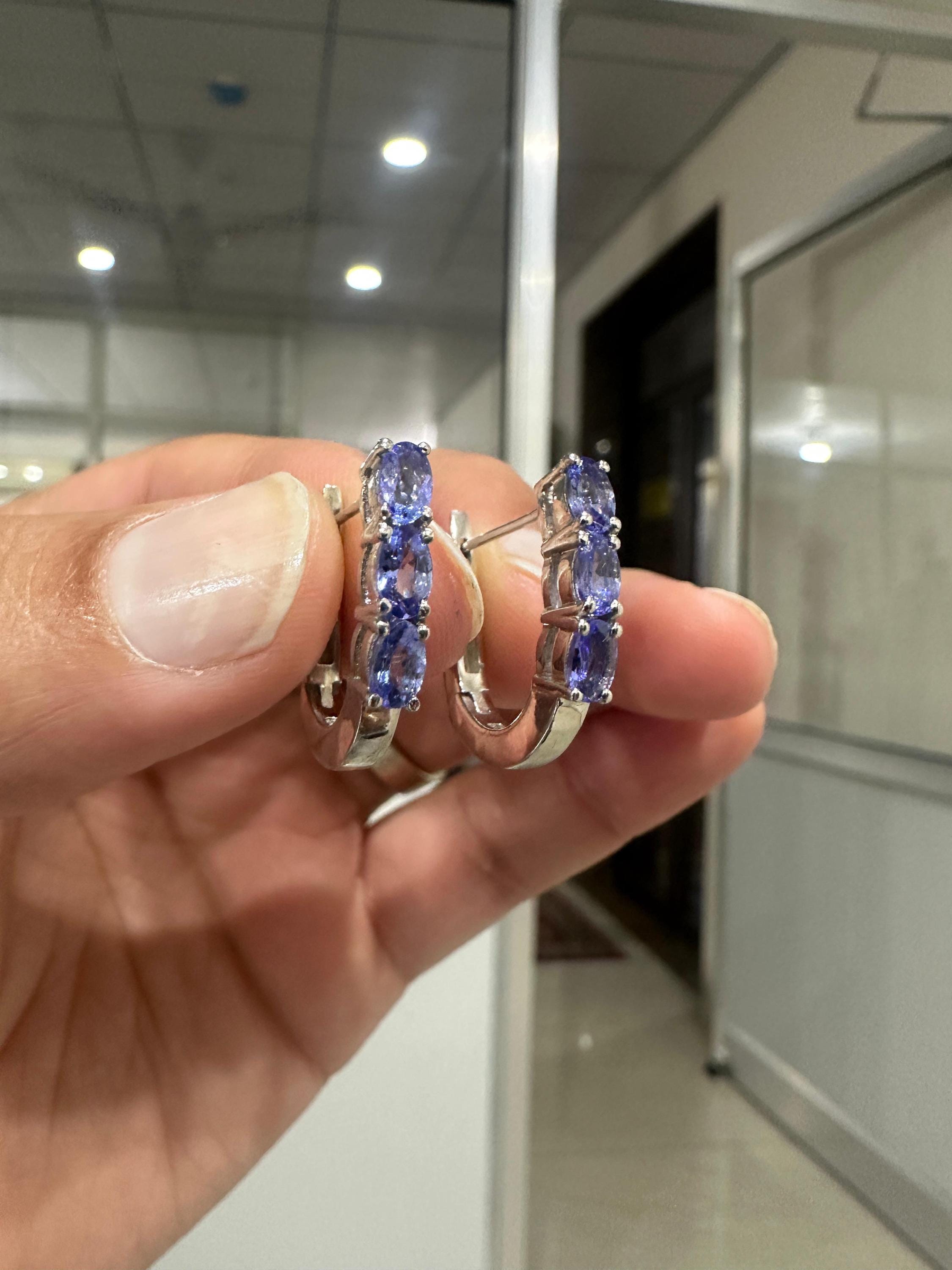 14k White Gold Tanzanite Huggies Hoop Earrings, December Birthstone, Gift for her