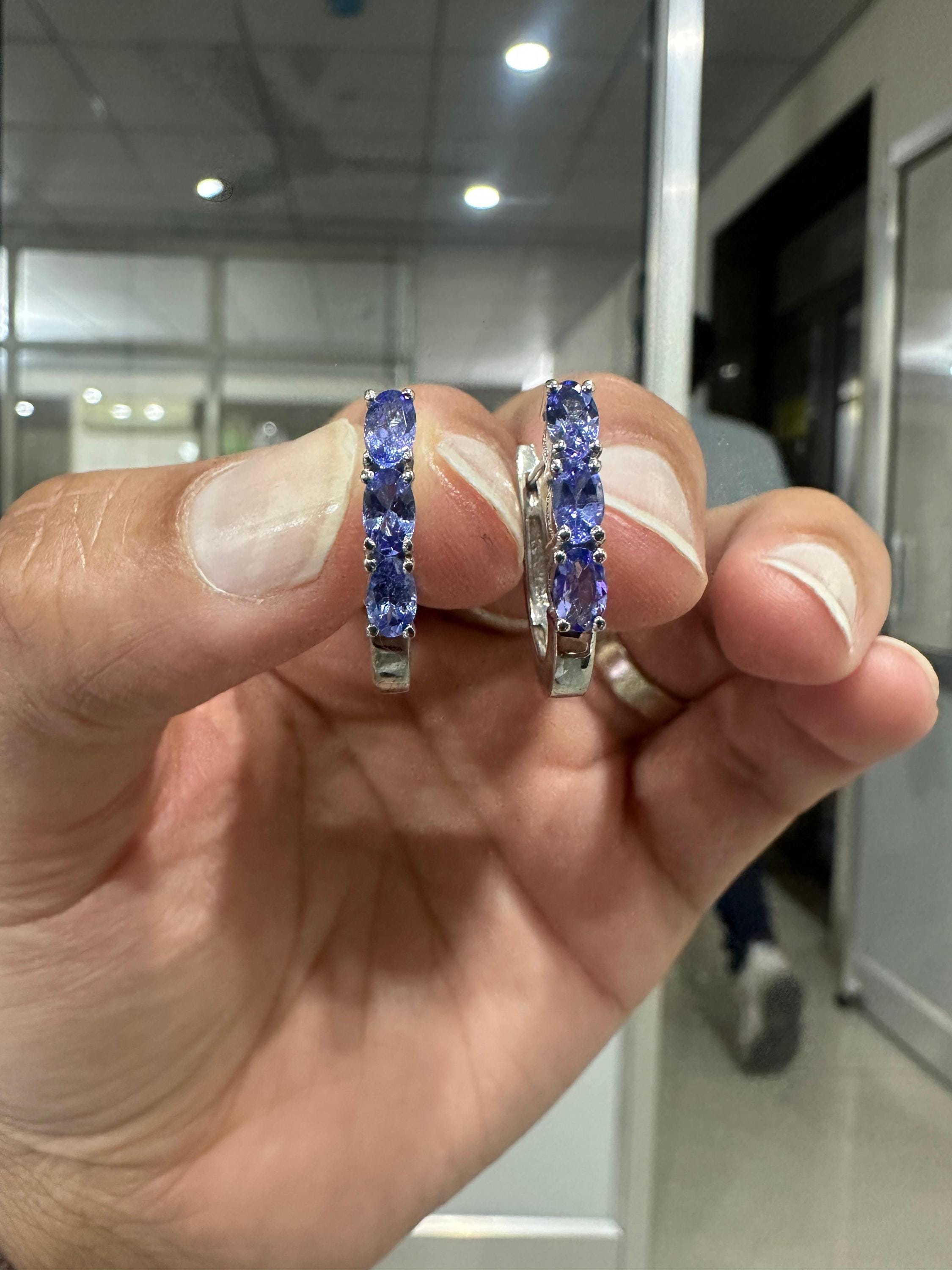 14k White Gold Tanzanite Huggies Hoop Earrings, December Birthstone, Gift for her